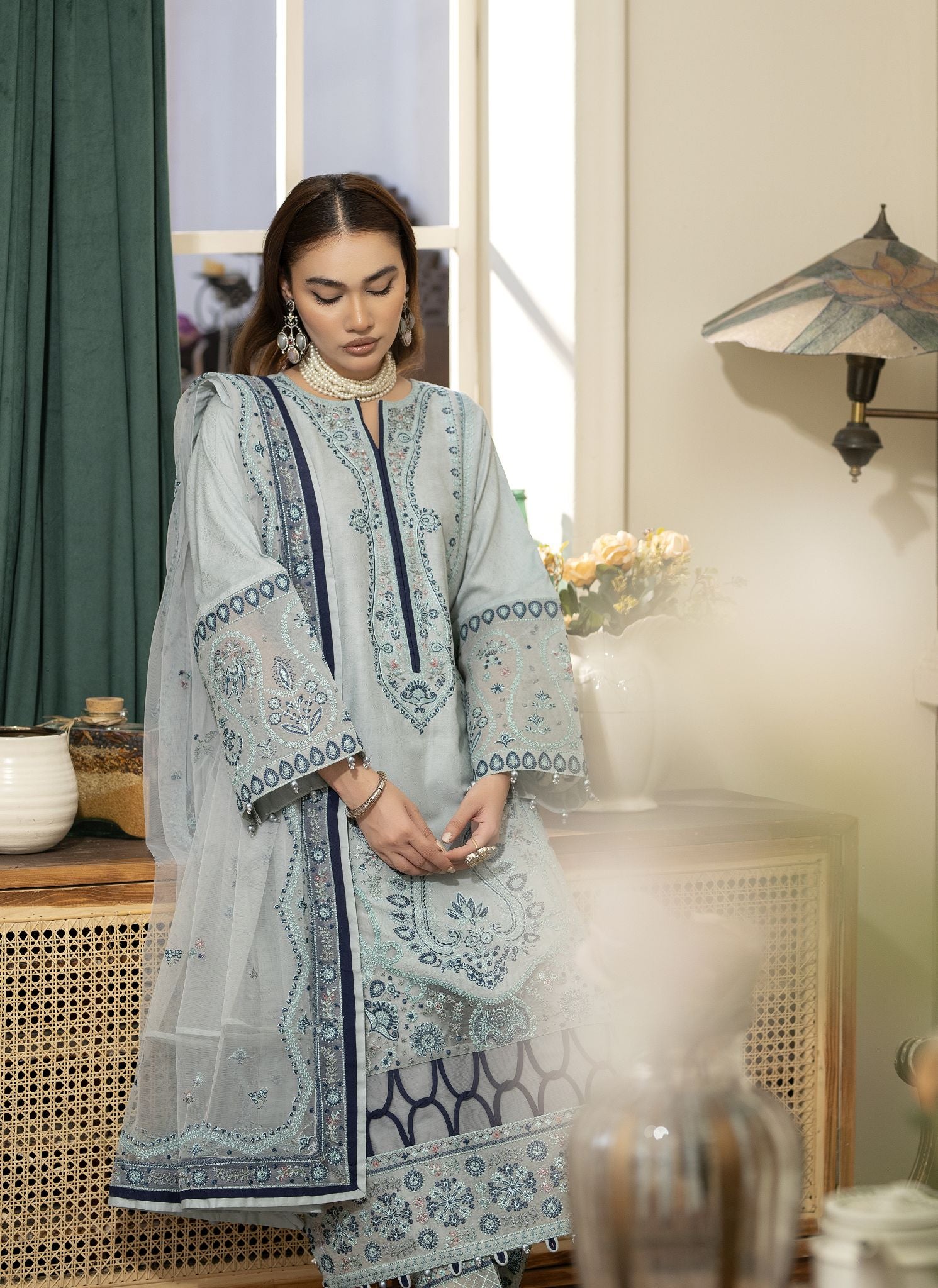 Embroidered Cotton Jacquard Suit with Pearl Detail and Net Dupatta Reet by Mona RBY2