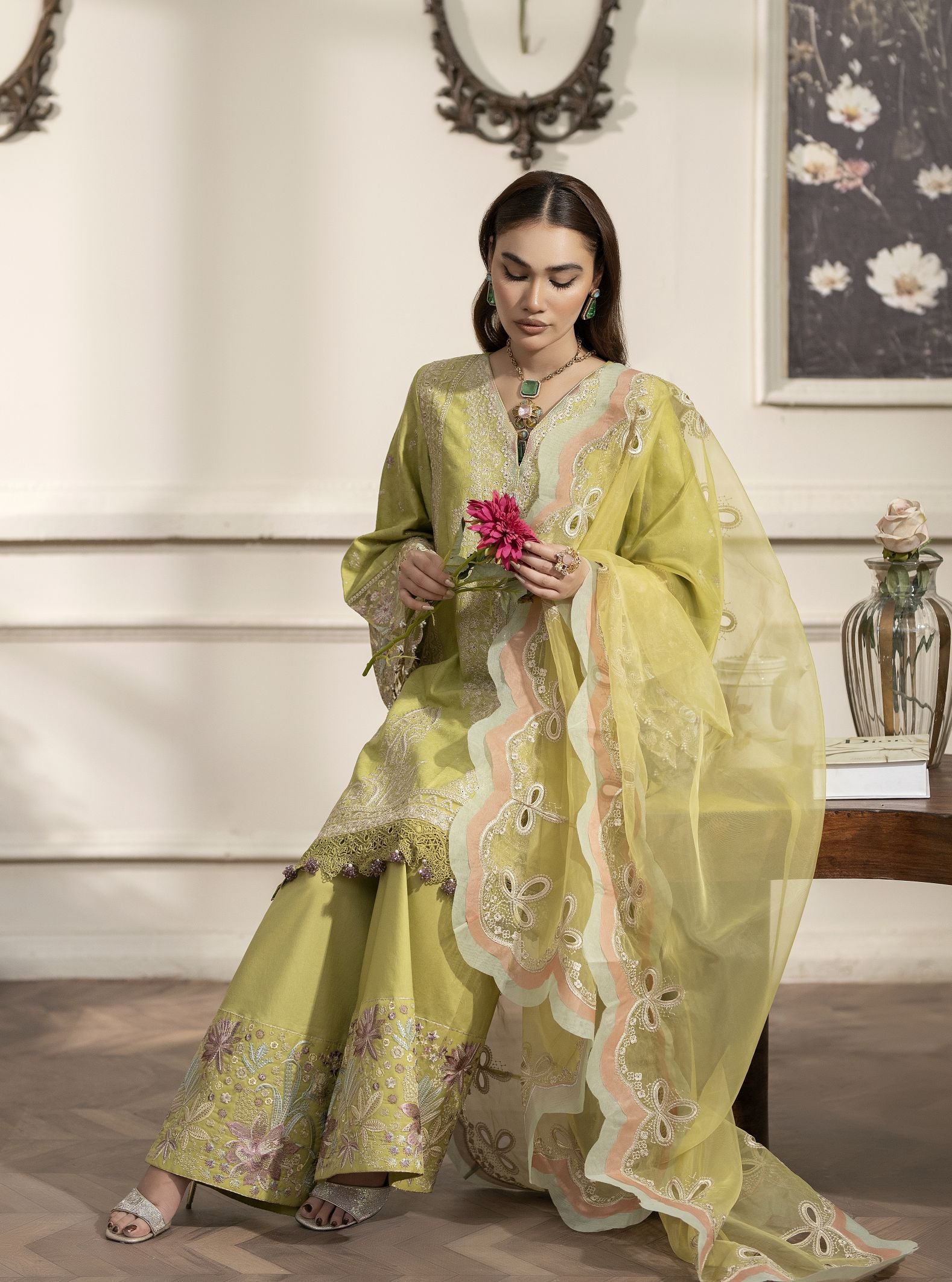 3pc Embroidered Cotton Jacquard Suit with Palazzo Reet by Mona RBY7