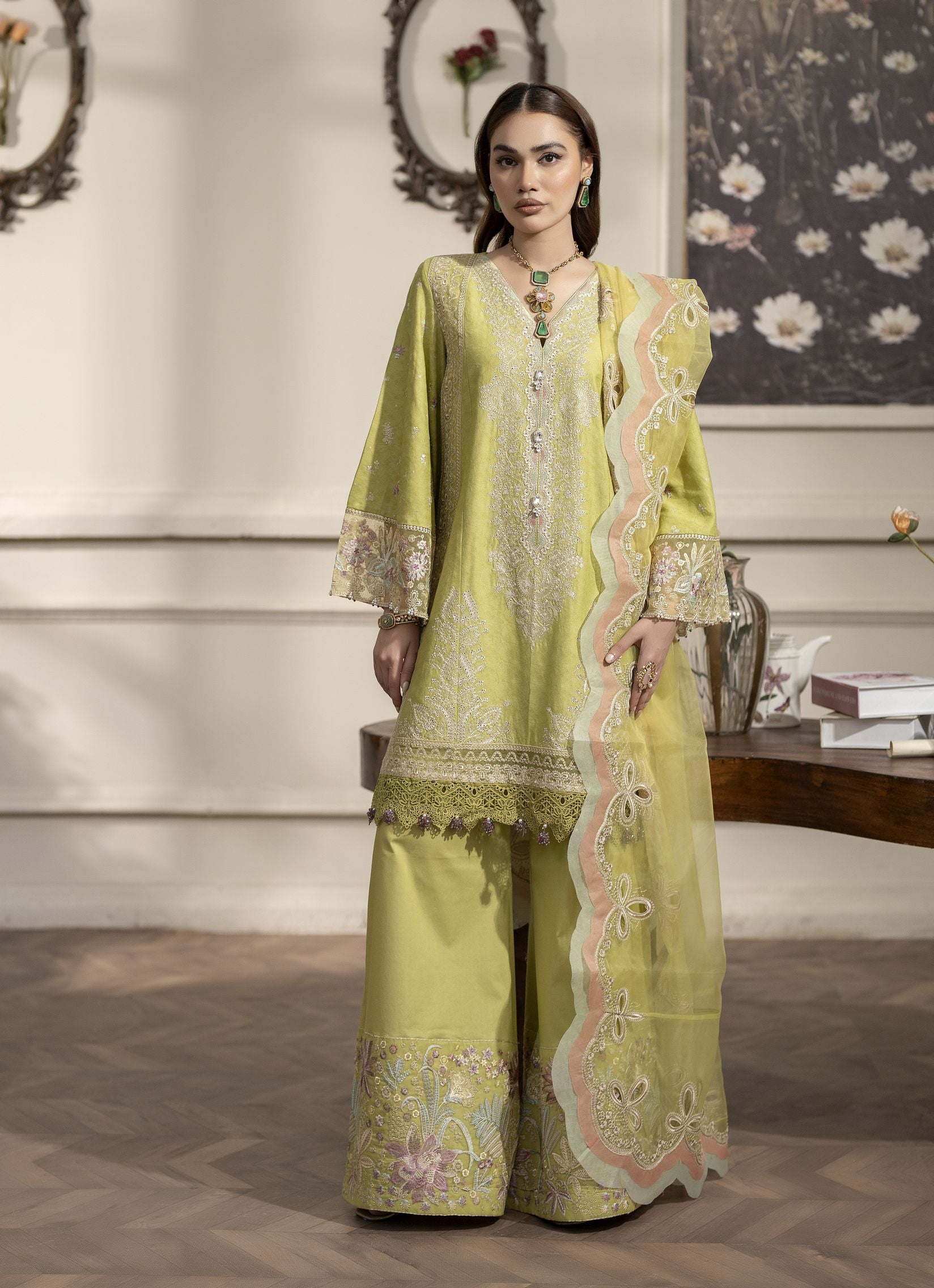 3pc Embroidered Cotton Jacquard Suit with Palazzo Reet by Mona RBY7