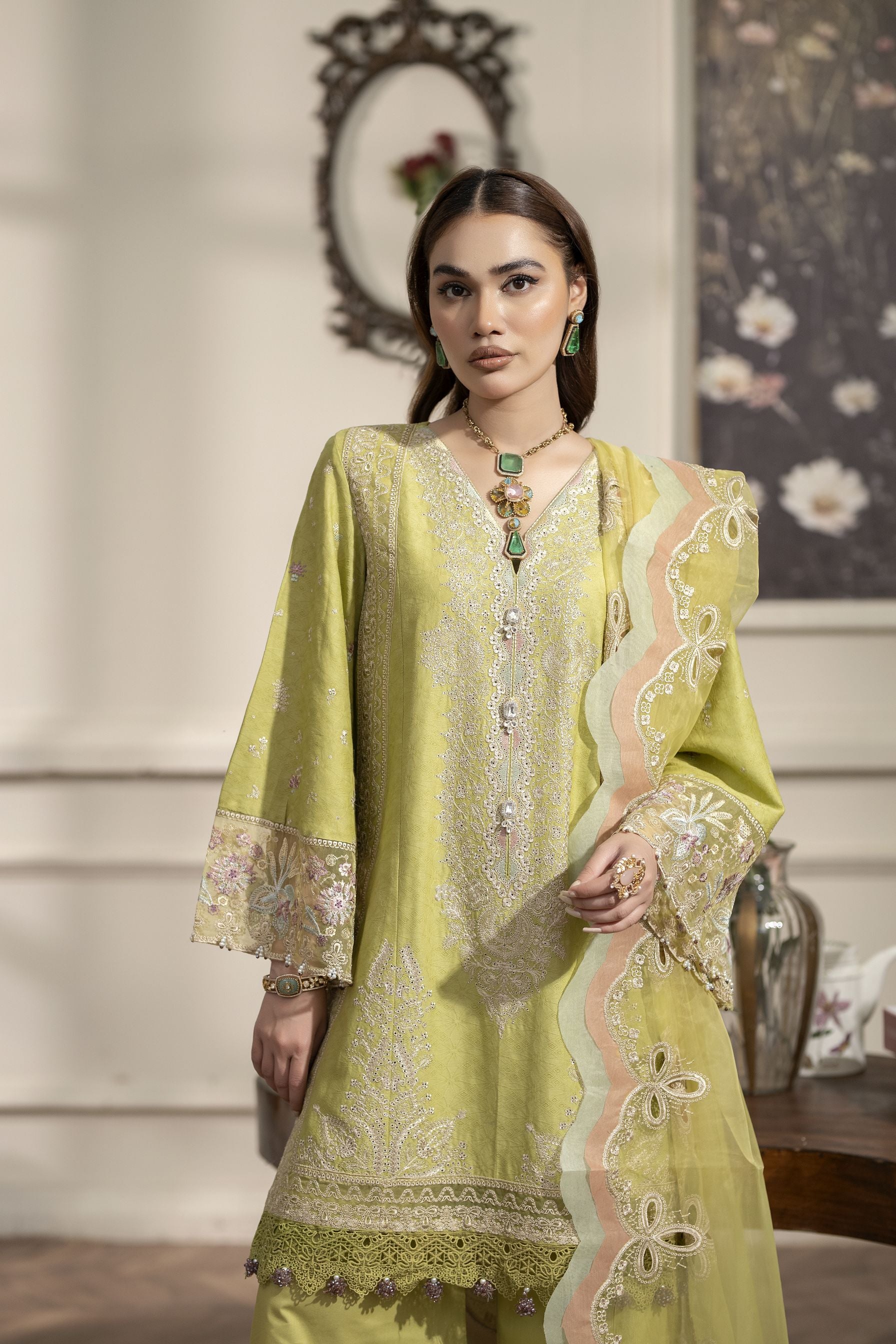 3pc Embroidered Cotton Jacquard Suit with Palazzo Reet by Mona RBY7