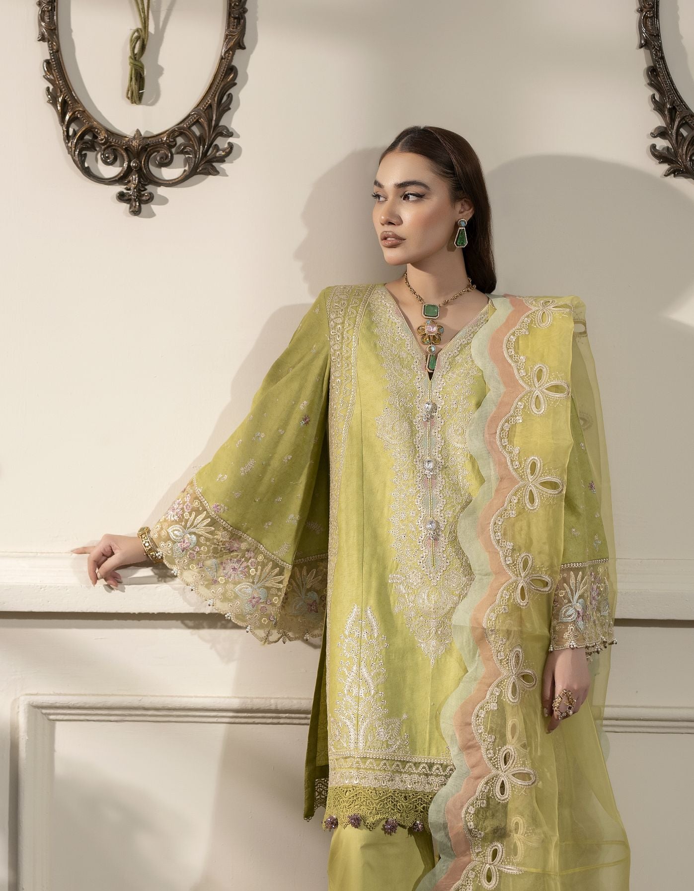 3pc Embroidered Cotton Jacquard Suit with Palazzo Reet by Mona RBY7
