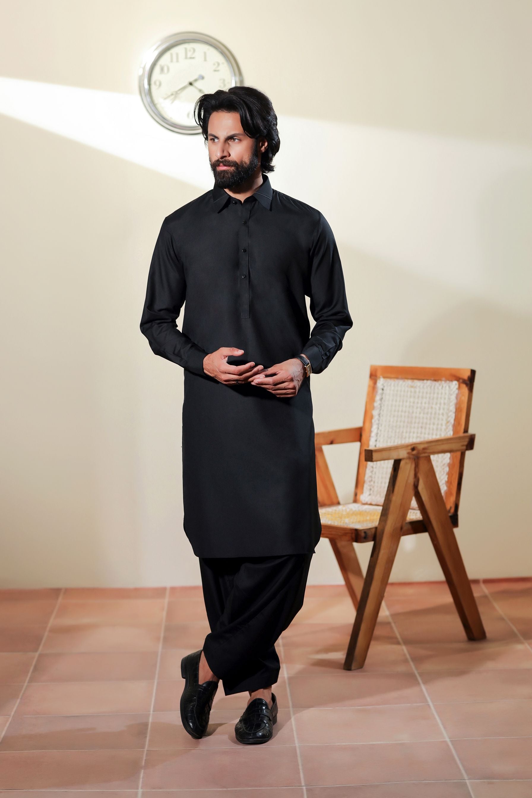 Ally's Black Classic Collar Wash & Wear Kurta Shalwar – Ready to Wear | MBA6