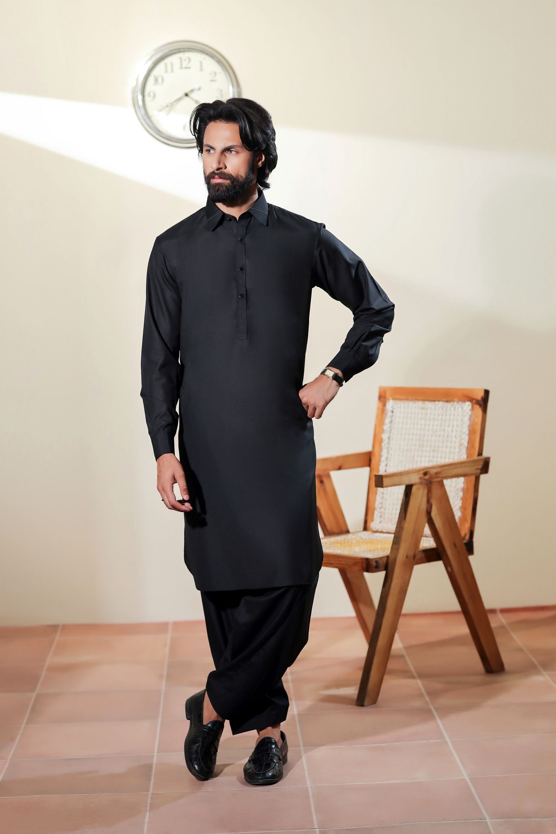 Ally's Black Classic Collar Wash & Wear Kurta Shalwar – Ready to Wear | MBA6