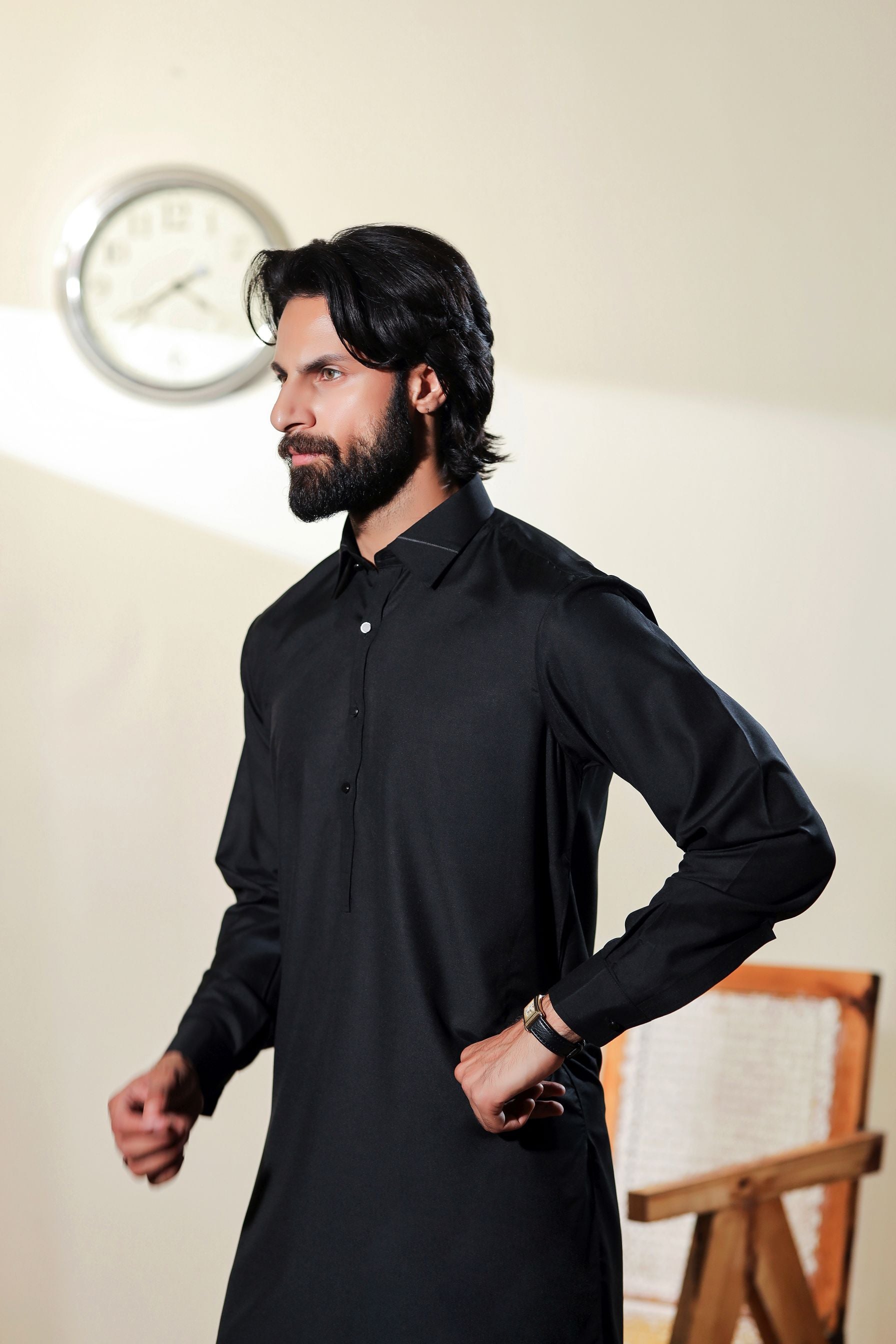 Ally's Black Classic Collar Wash & Wear Kurta Shalwar – Ready to Wear | MBA6