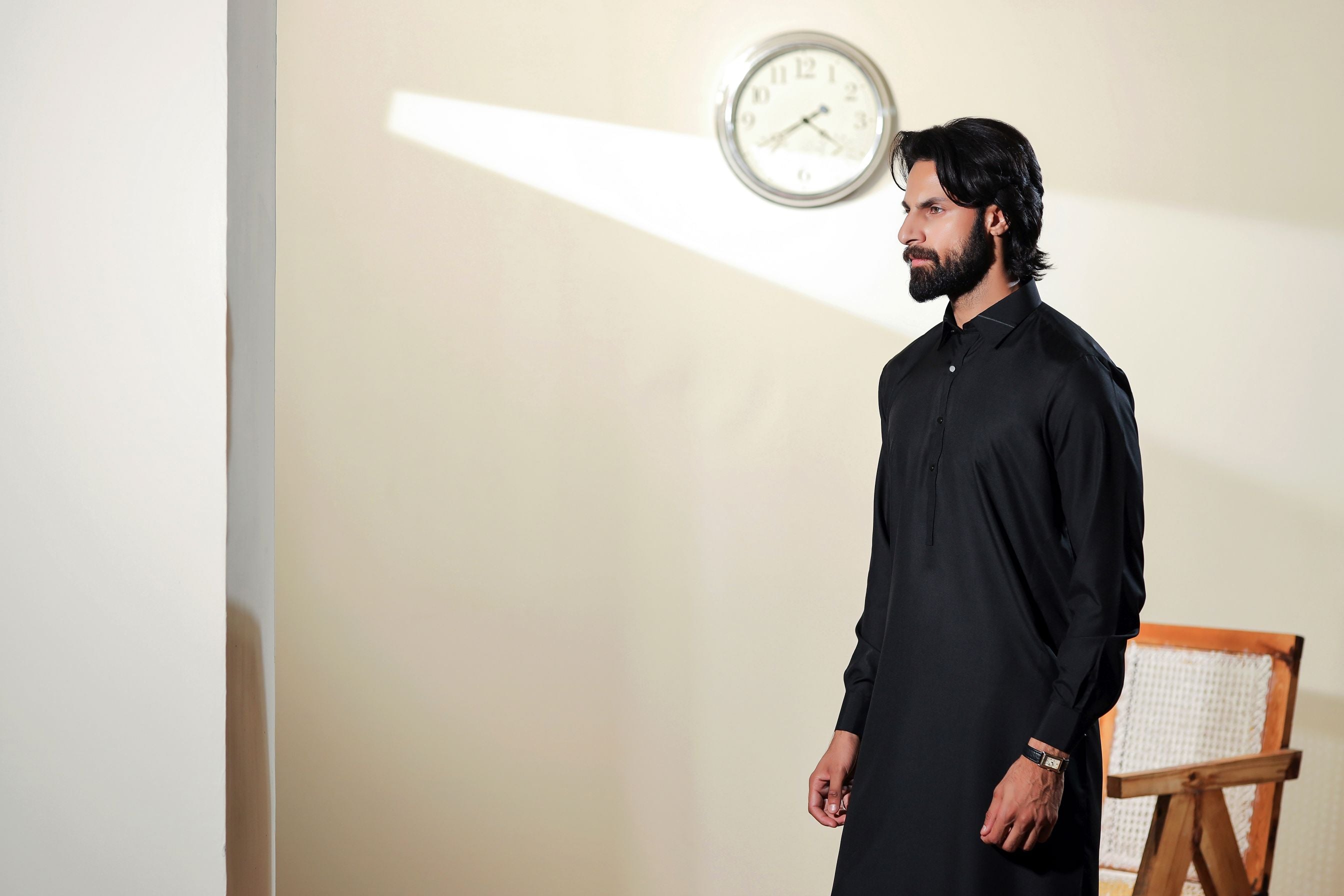 Ally's Black Classic Collar Wash & Wear Kurta Shalwar – Ready to Wear | MBA6