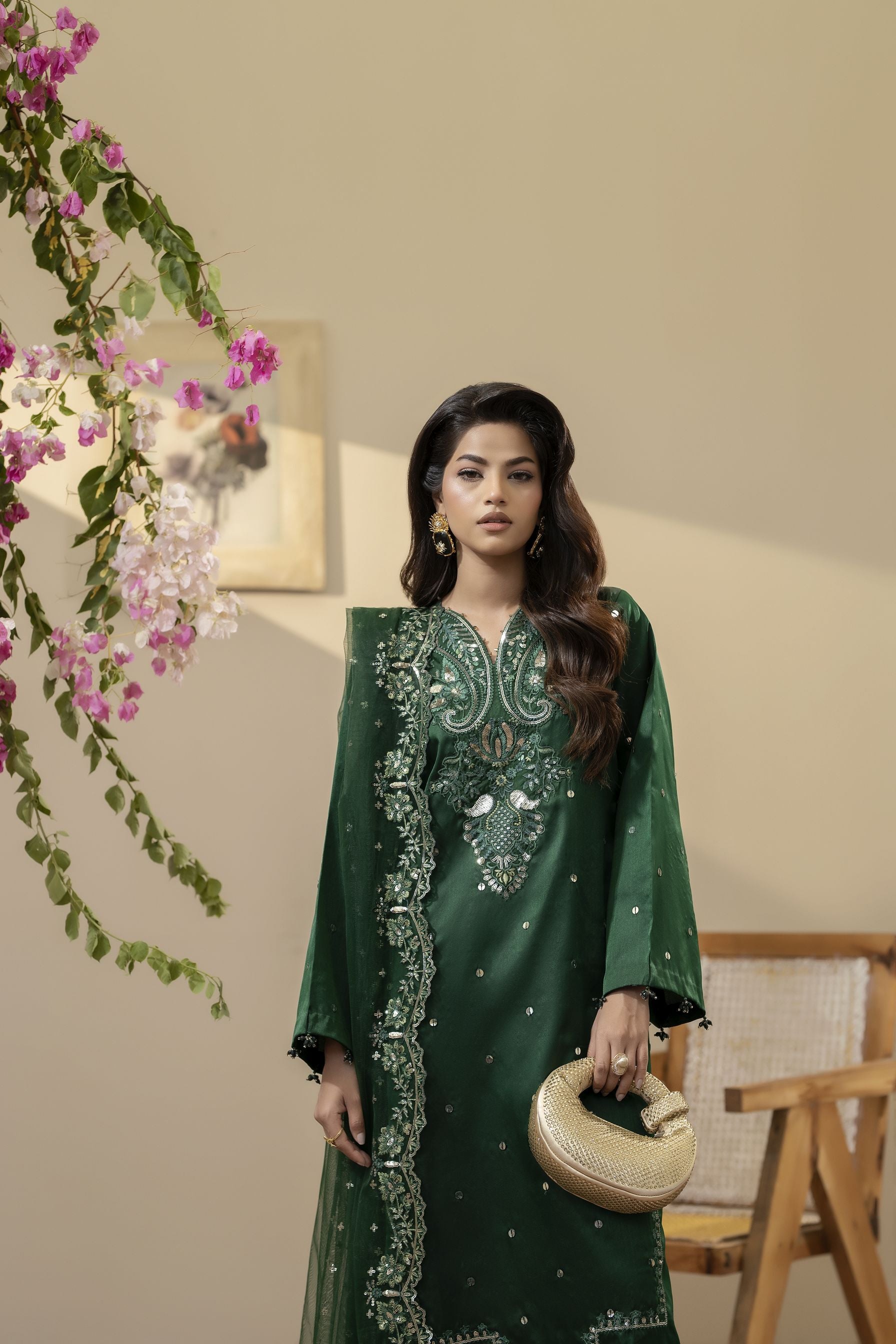 Emerald Green Embroidered Silk Dress – Mehek by Mona MBM1