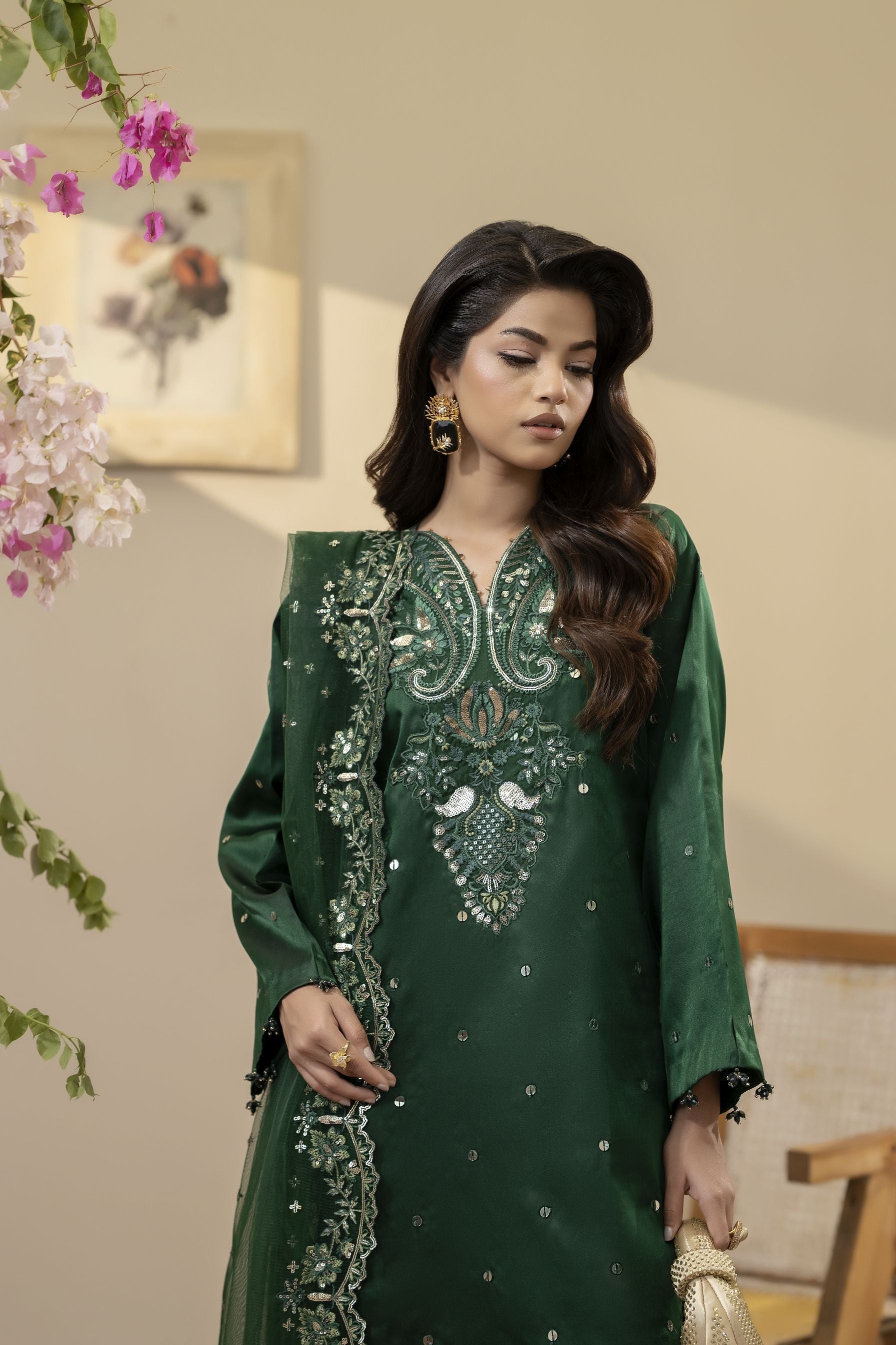 Emerald Green Embroidered Silk Dress – Mehek by Mona MBM1