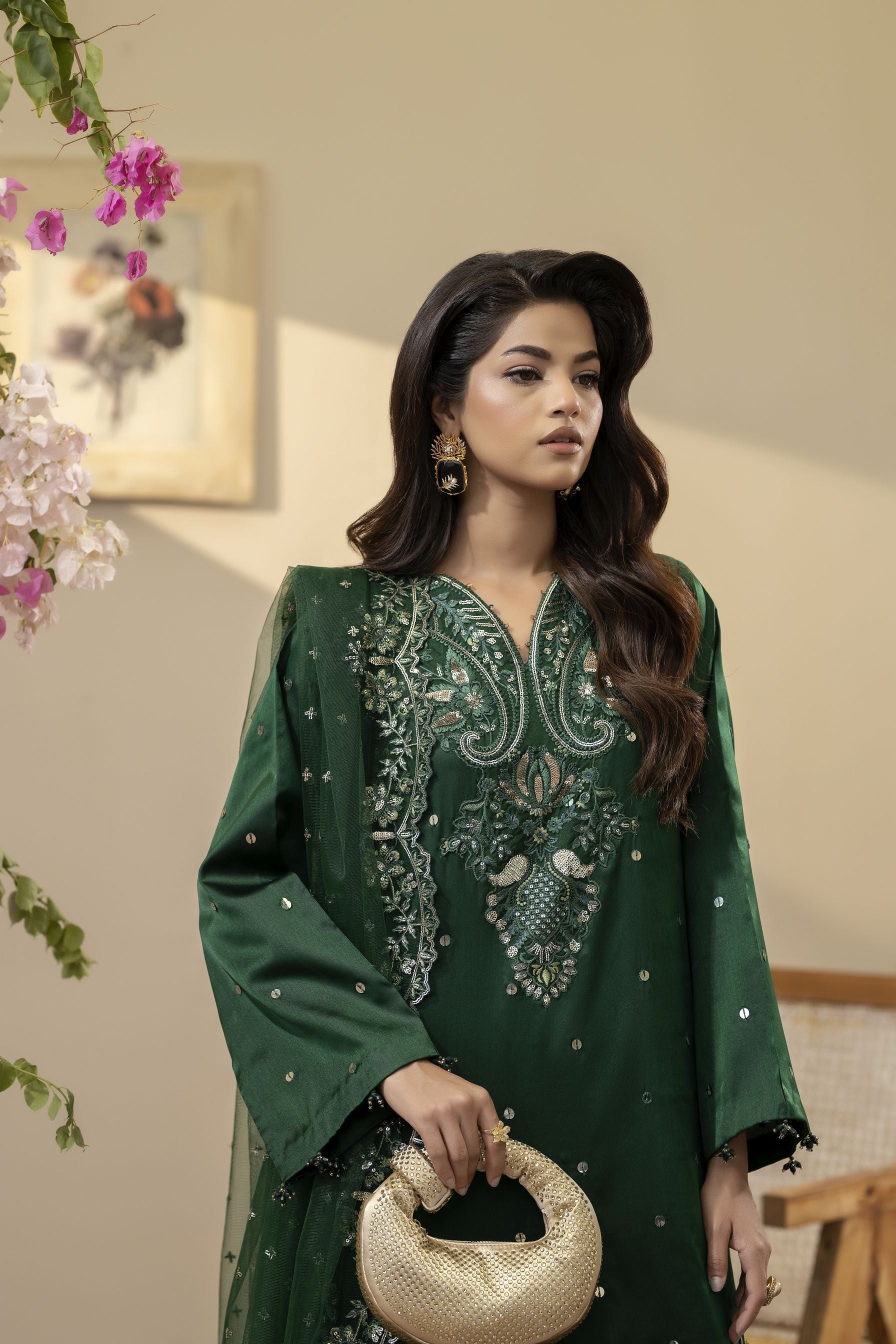Emerald Green Embroidered Silk Dress – Mehek by Mona MBM1