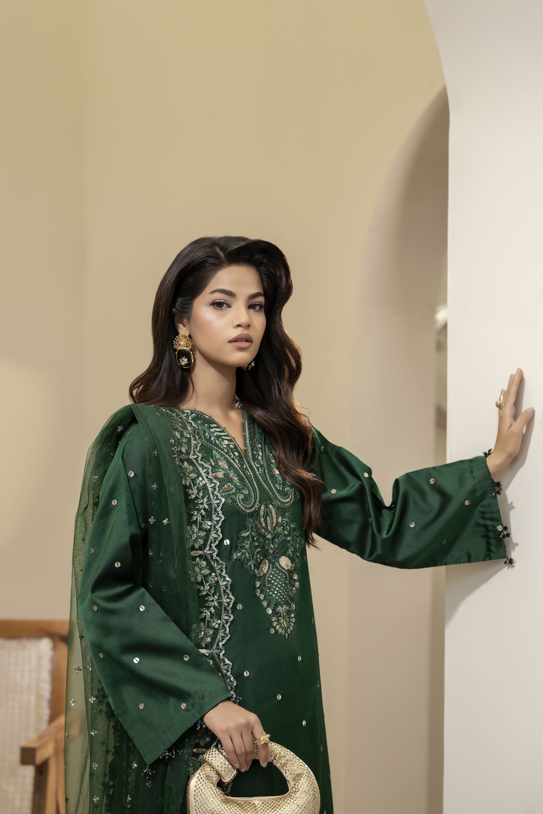 Emerald Green Embroidered Silk Dress – Mehek by Mona MBM1