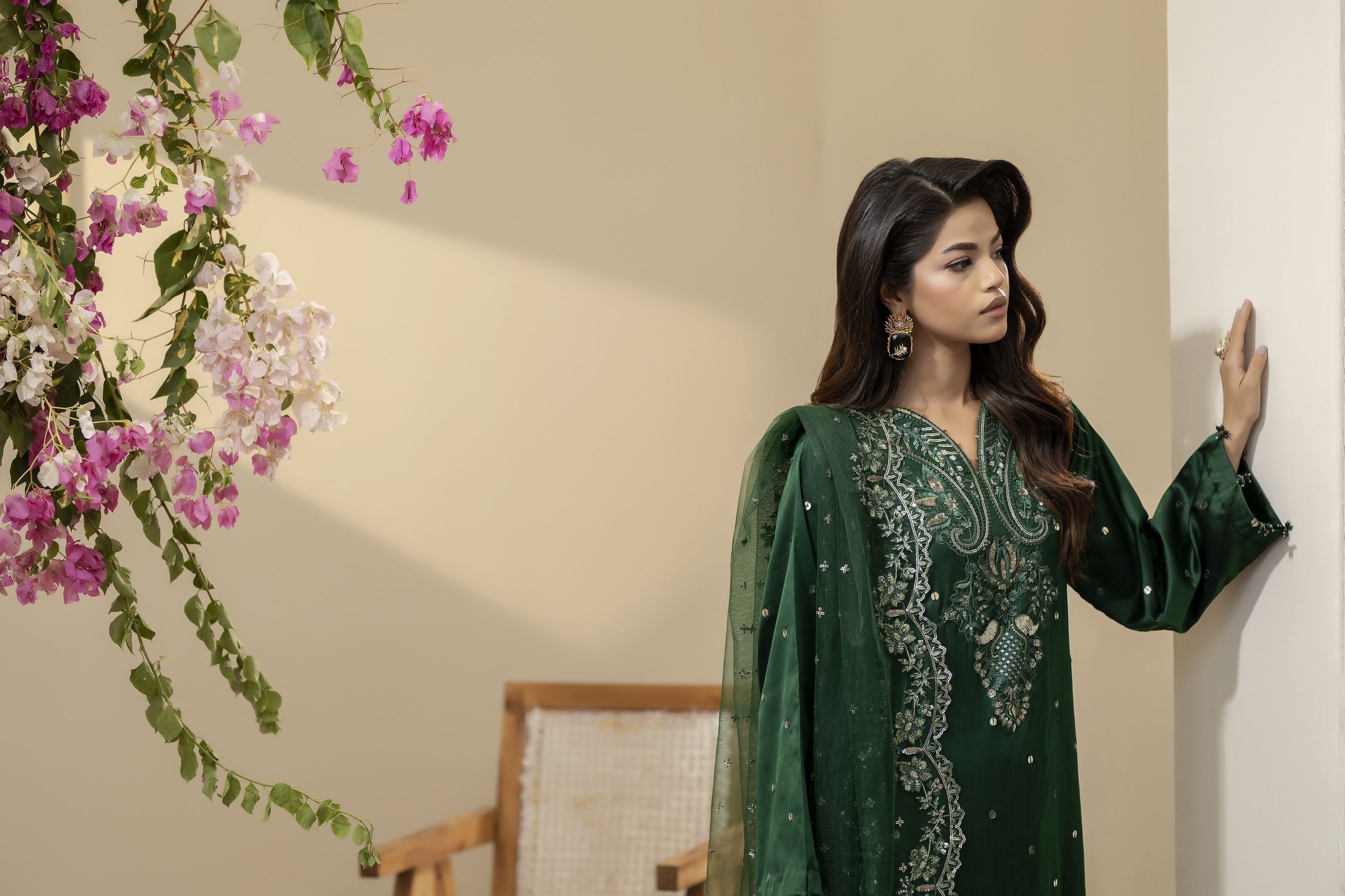 Emerald Green Embroidered Silk Dress – Mehek by Mona MBM1