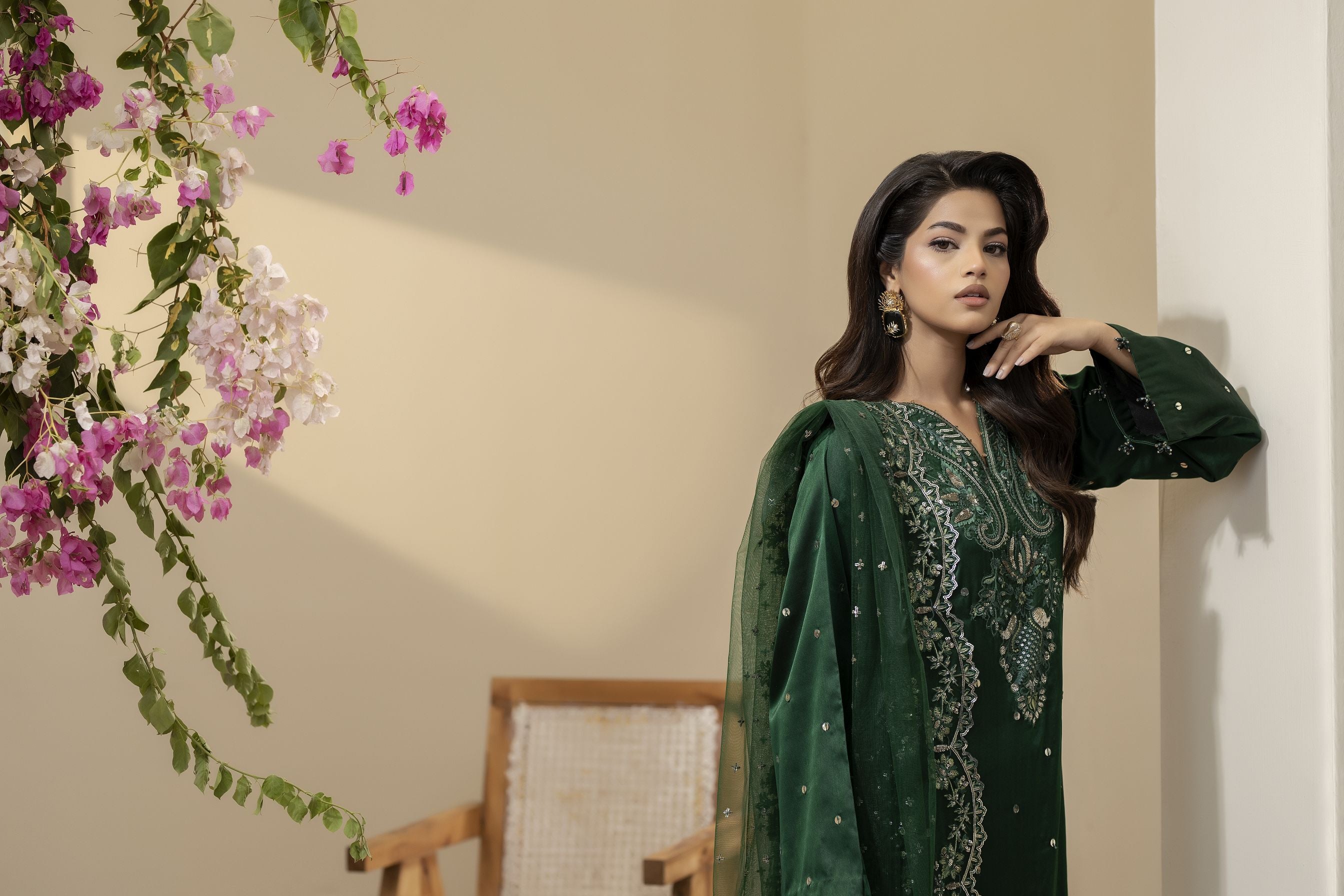 Emerald Green Embroidered Silk Dress – Mehek by Mona MBM1