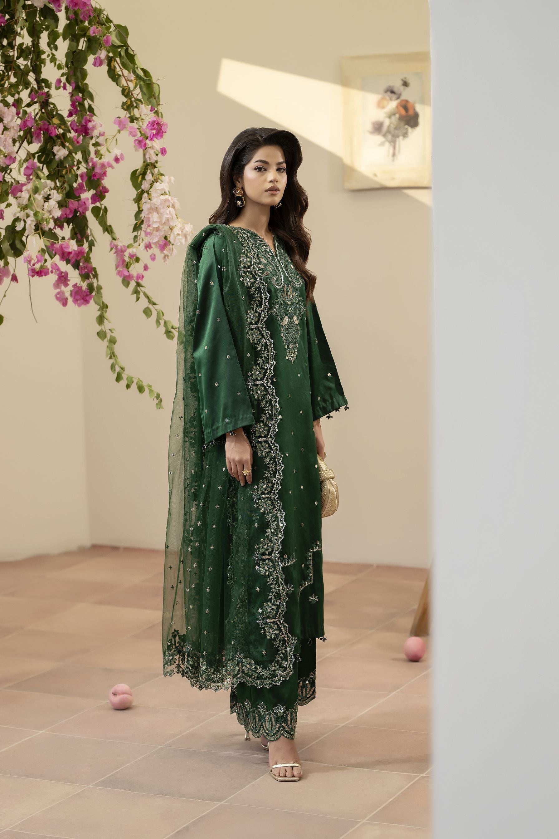 Emerald Green Embroidered Silk Dress – Mehek by Mona MBM1