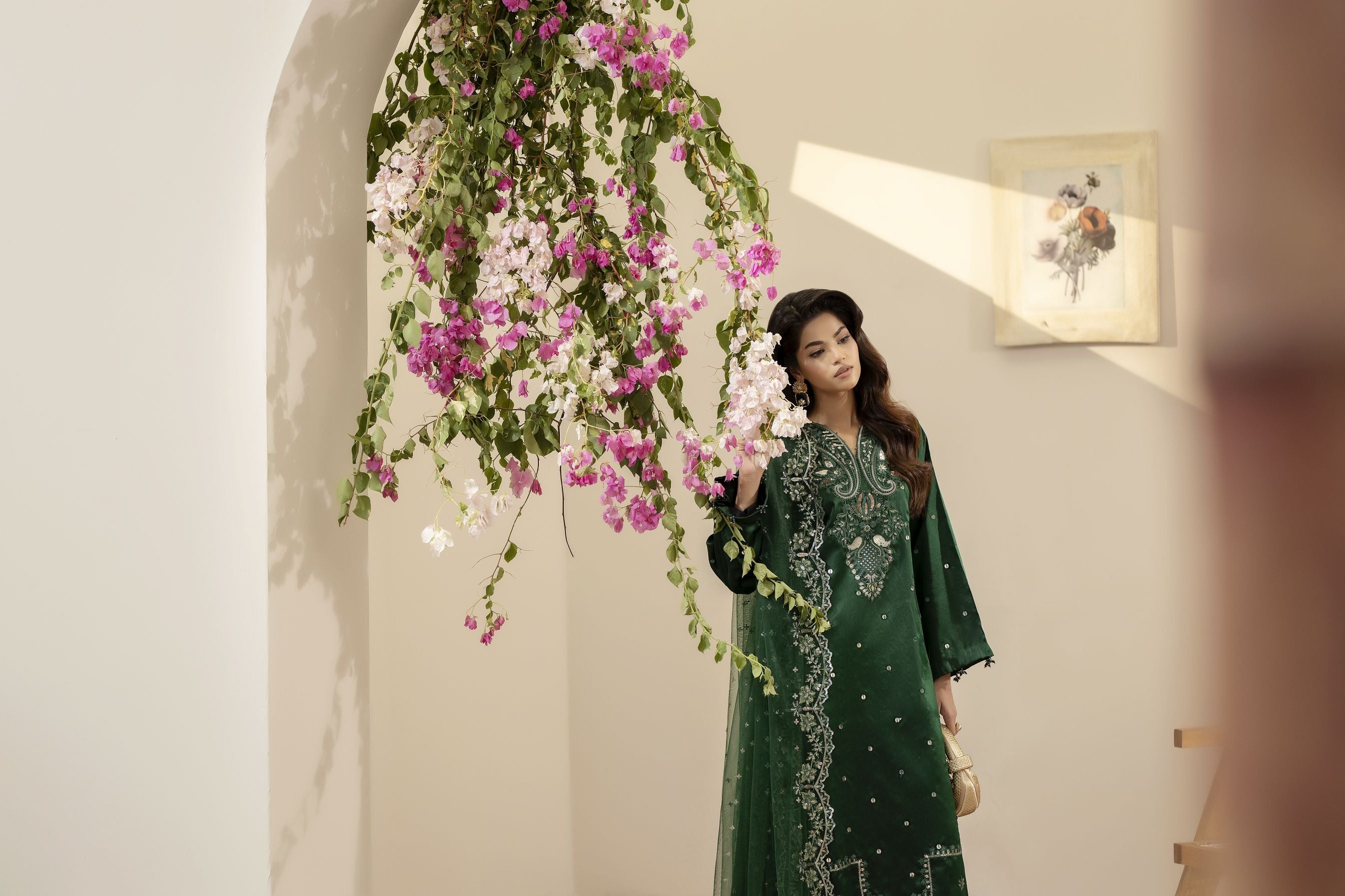 Emerald Green Embroidered Silk Dress – Mehek by Mona MBM1