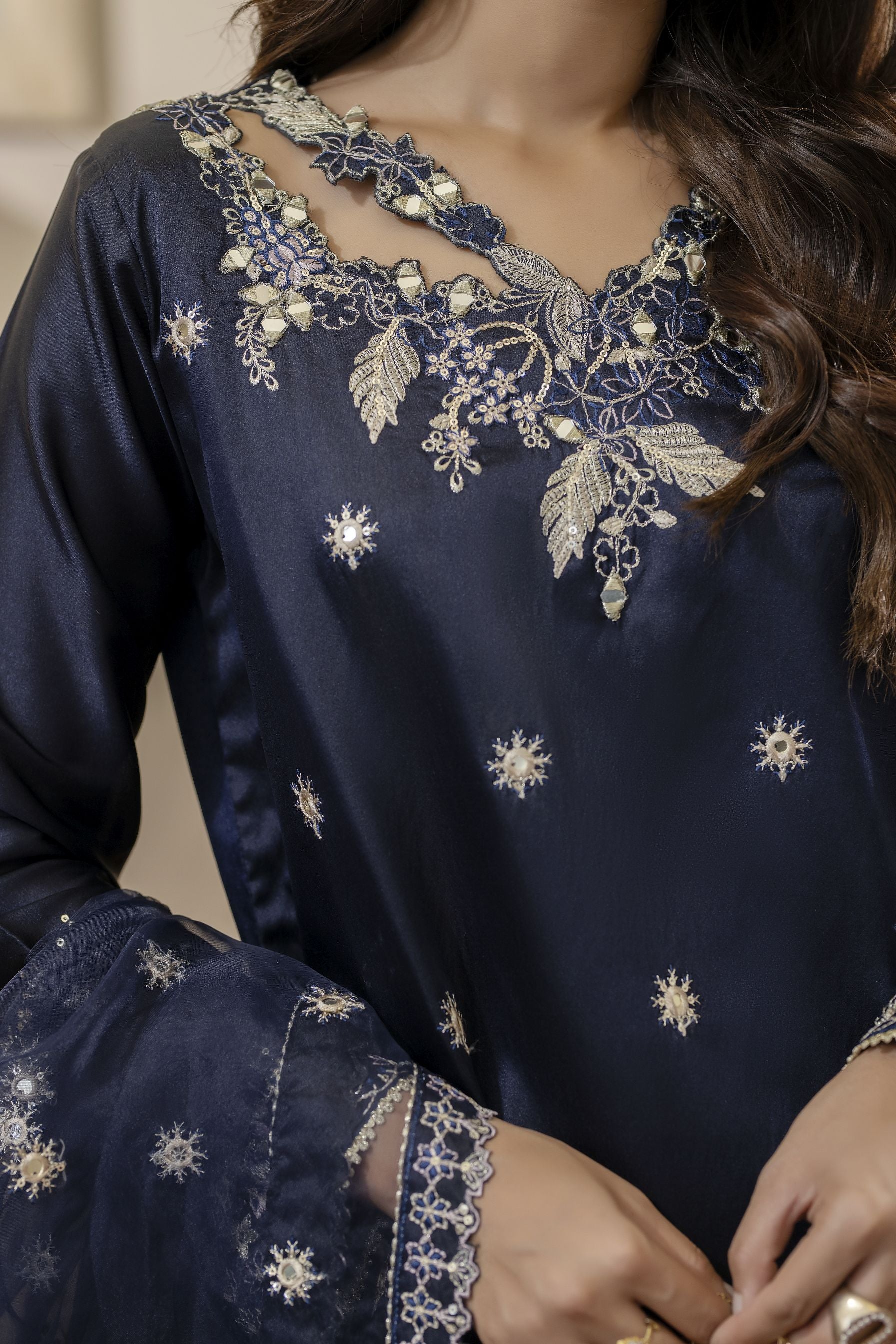 Navy Blue Embroidered Silk & Mirror Work Dress – Mehek by Mona MBM2