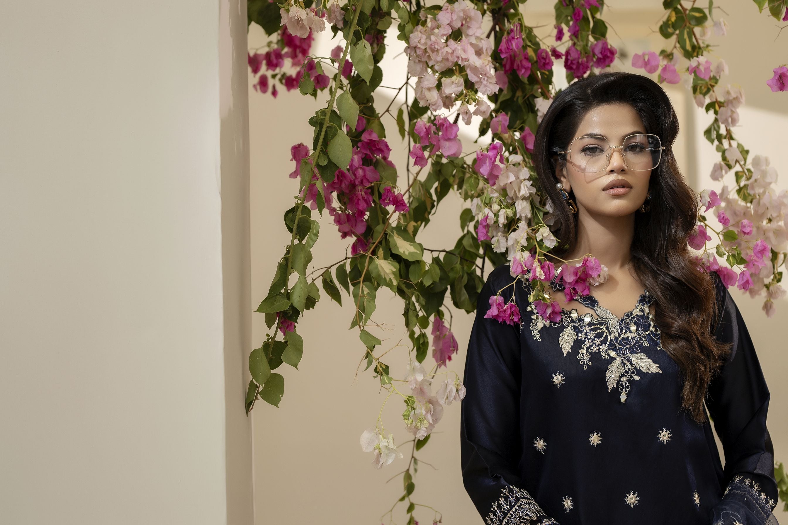Navy Blue Embroidered Silk & Mirror Work Dress – Mehek by Mona MBM2