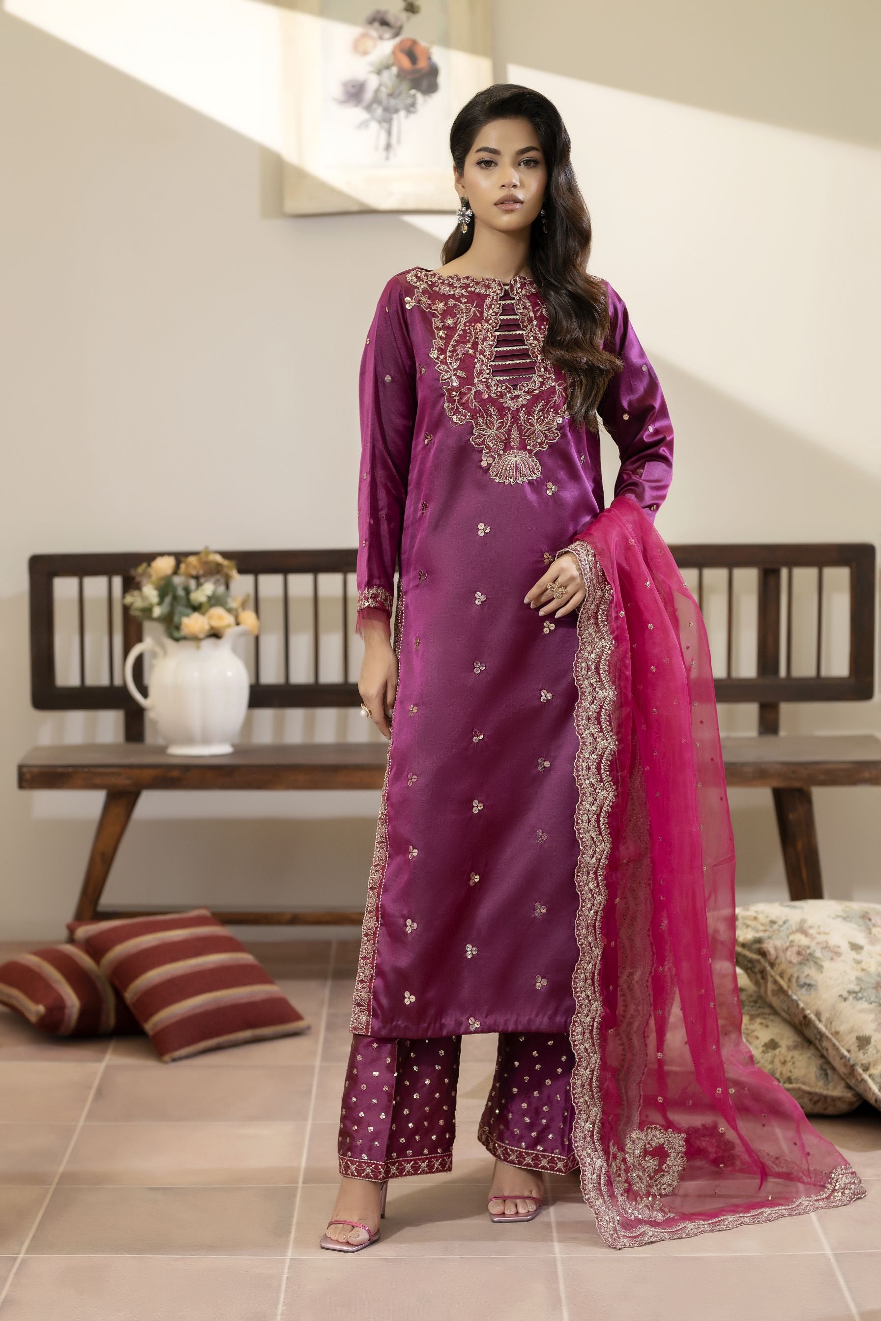 Magenta Embroidered Silk Dress with Sequins – Mehek by Mona MBM3