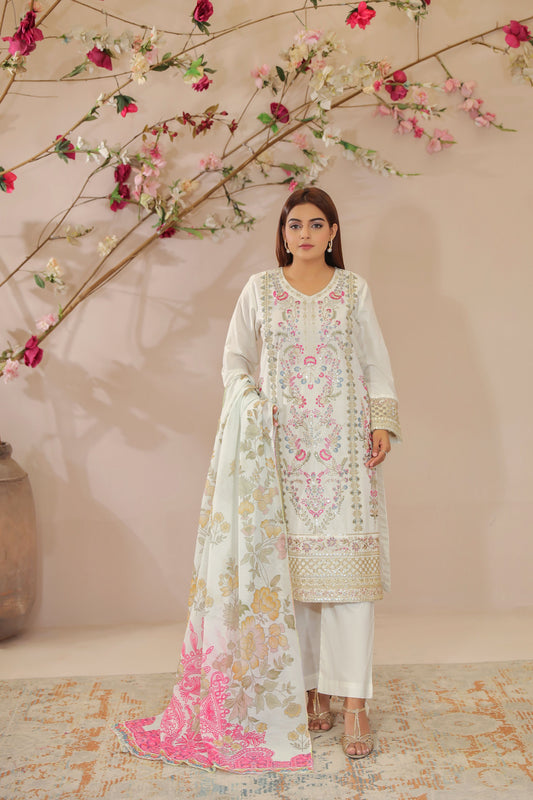 Hunar 3pc Ready to Wear Cotton Floral Embroidered Suit with Dupatta ESH9
