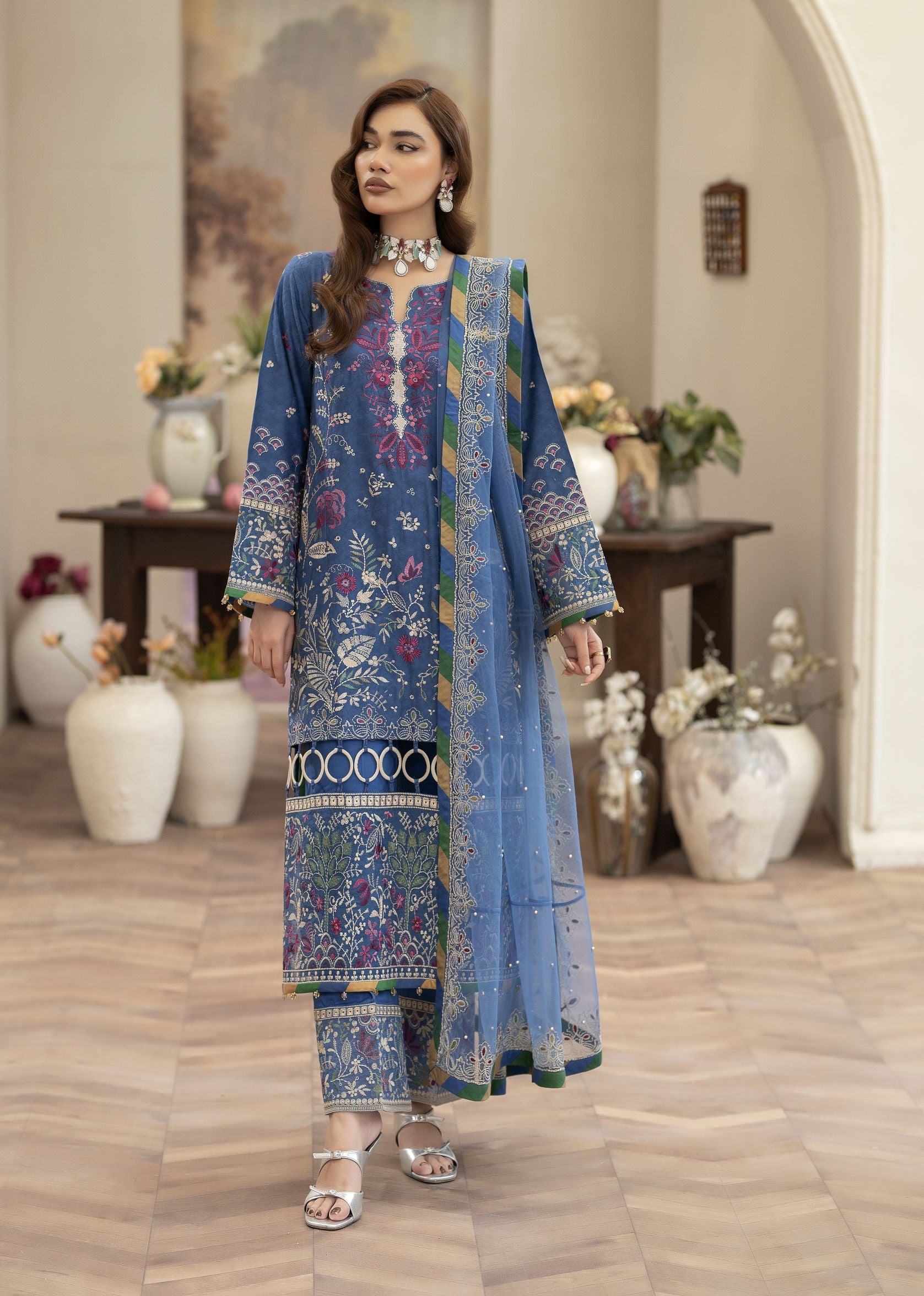 Embroidered Cotton Jacquard Suit Tasseled Shirt Reet by Mona RBY3
