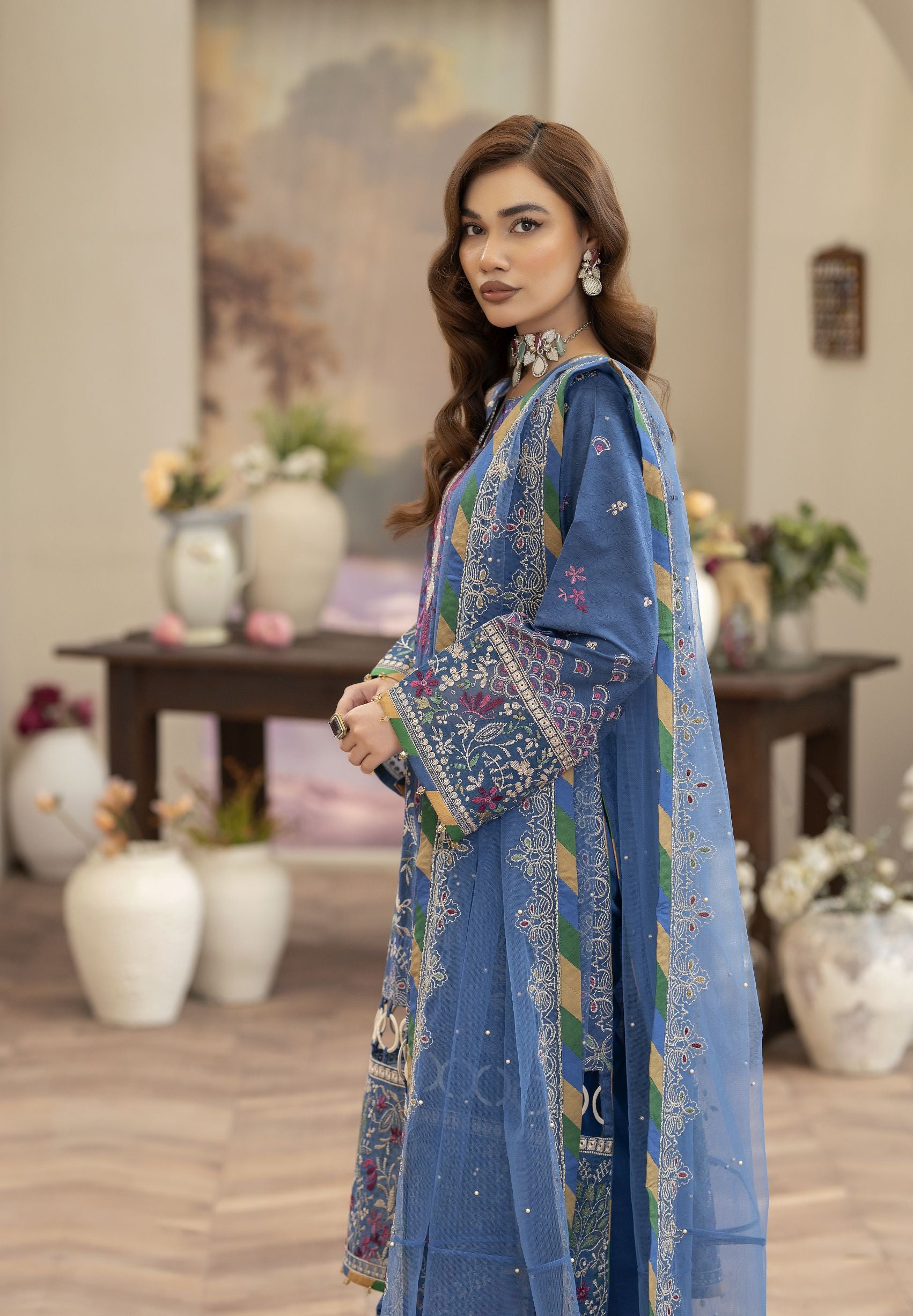 Embroidered Cotton Jacquard Suit Tasseled Shirt Reet by Mona RBY3