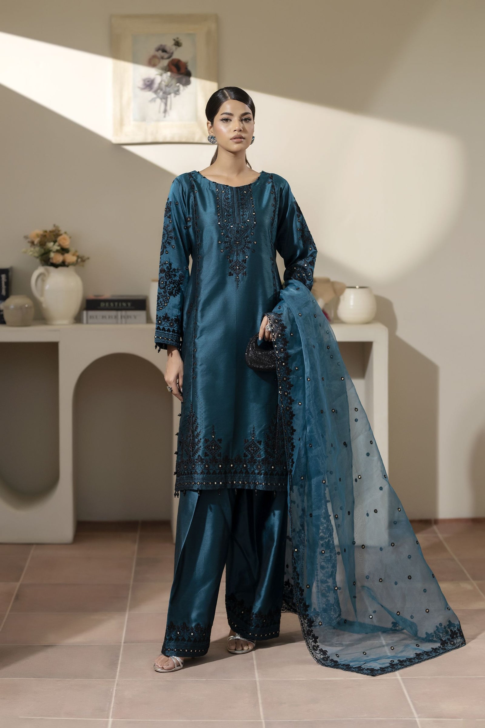 blue silk dress pakistani EZRA Blue Tassar Silk Pakistani Dress with Crystal Handwork Shireen Lakdawala