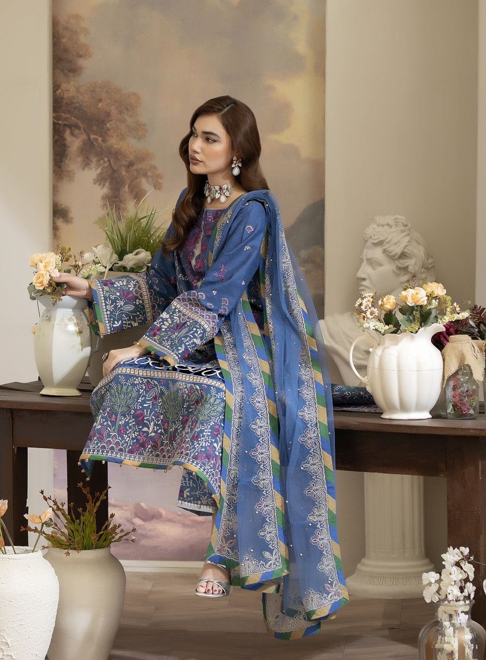 Embroidered Cotton Jacquard Suit Tasseled Shirt Reet by Mona RBY3