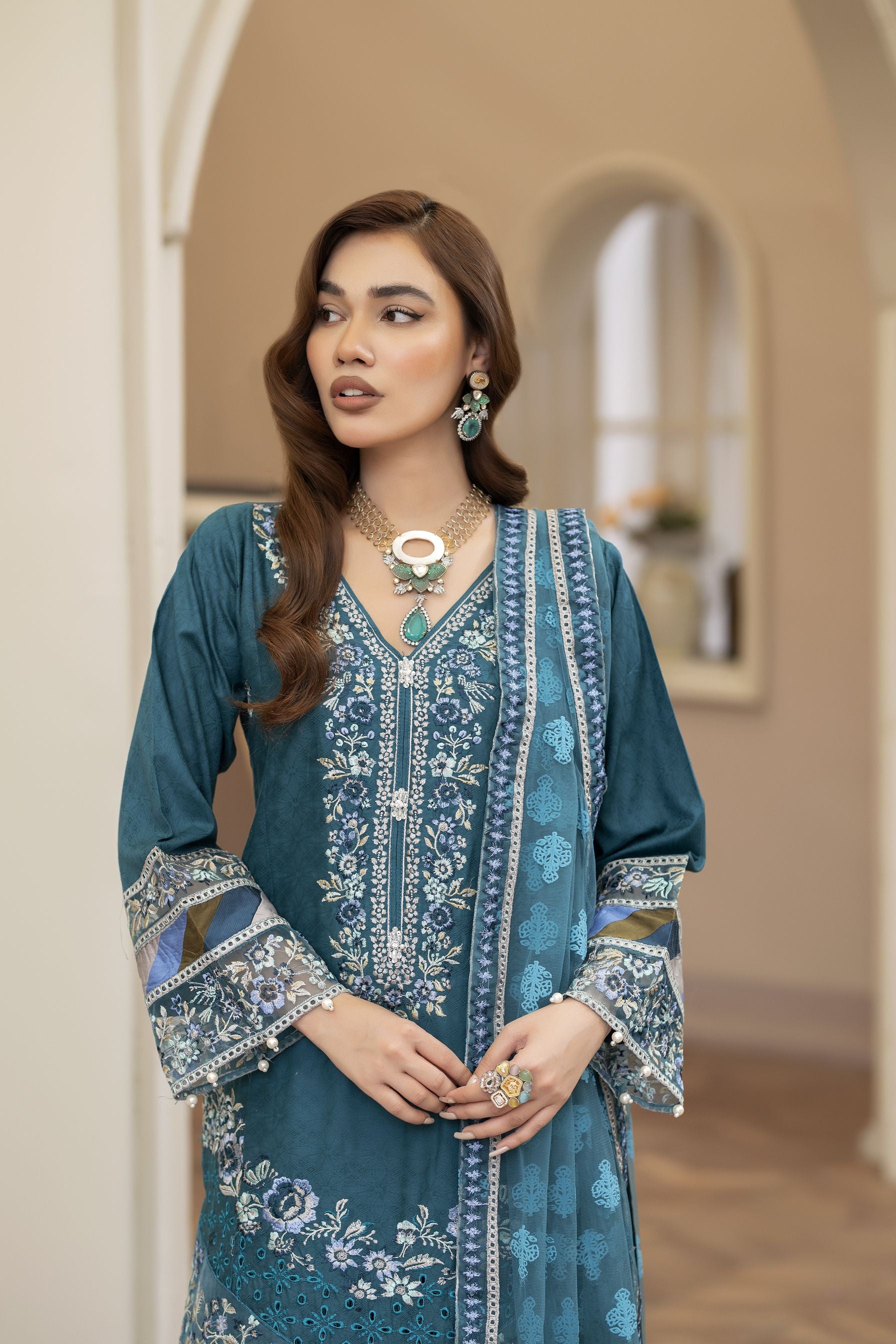 Embroidered Cotton Jacquard Suit Tasseled Shirt Reet by Mona RBY3