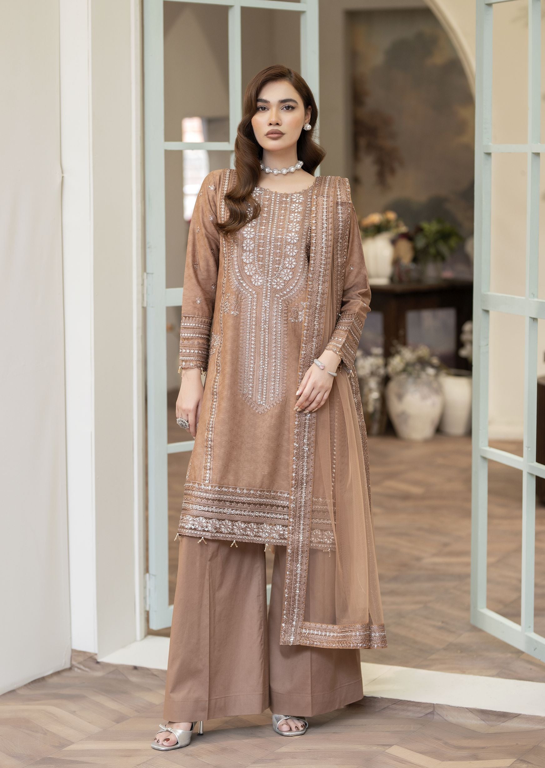 Embroidered Jacquard Cotton Suit with Net Dupatta and Plazzo Reet by Mona RBY1