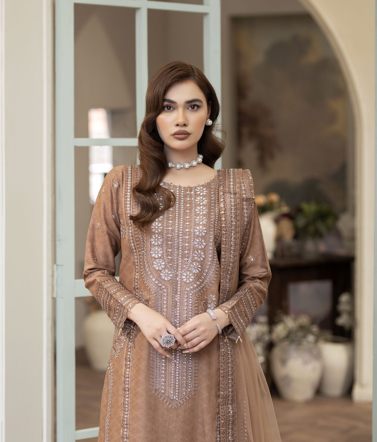 Embroidered Jacquard Cotton Suit with Net Dupatta and Plazzo Reet by Mona RBY1