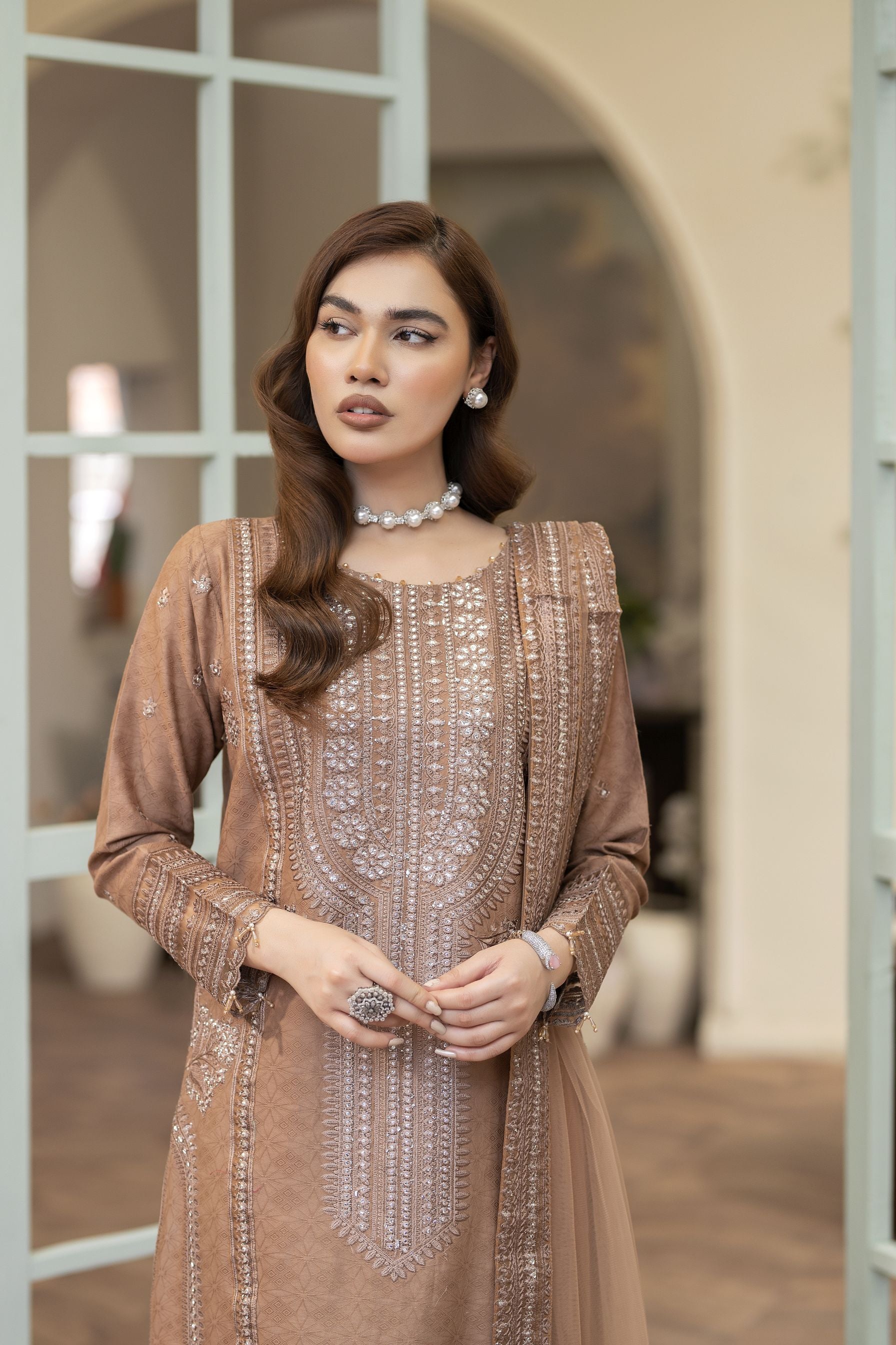 Embroidered Jacquard Cotton Suit with Net Dupatta and Plazzo Reet by Mona RBY1