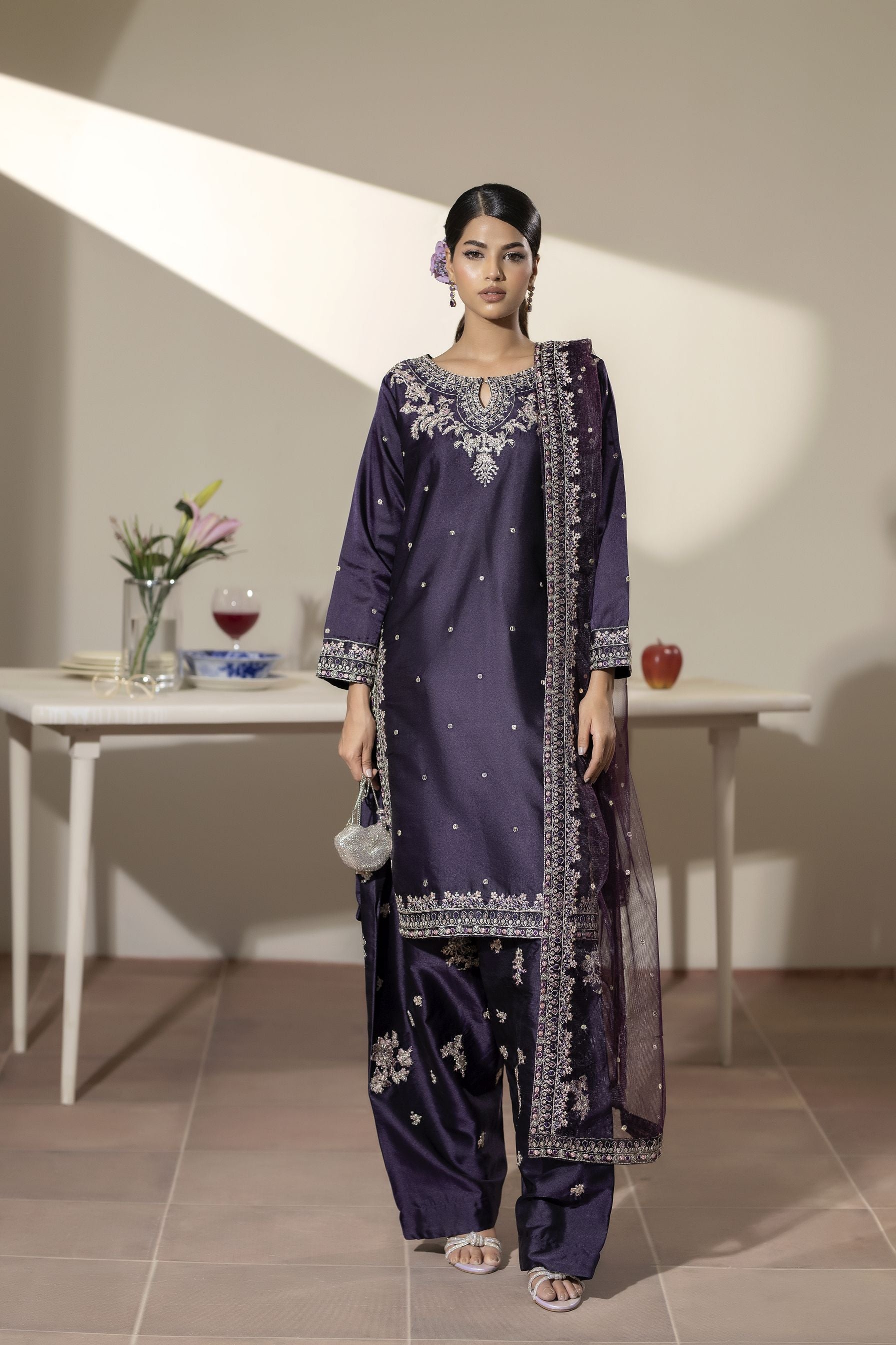 Aubergine Embroidered Silk Farshi Set with Sequin Detailing – Mehek by Mona MBM5