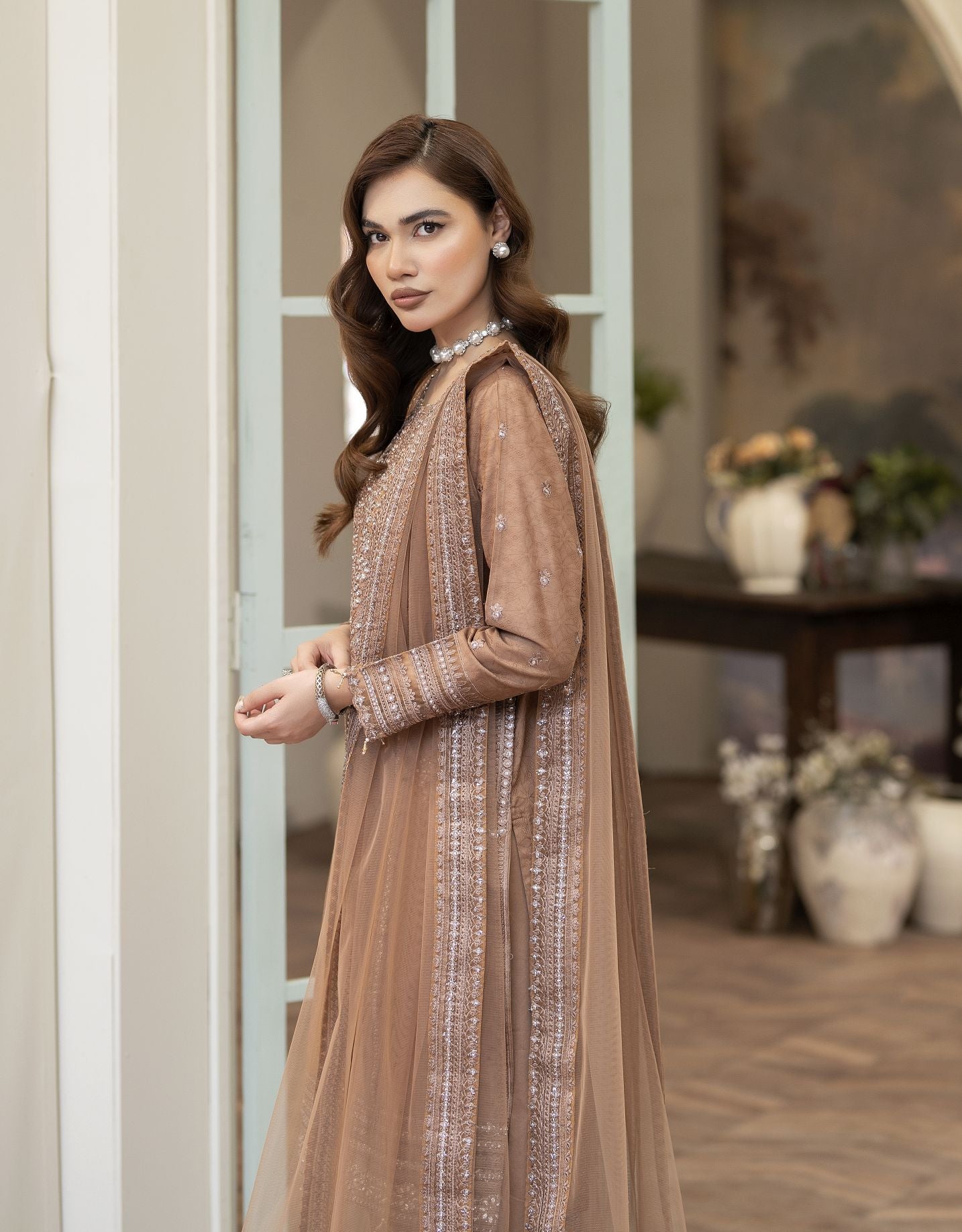 Embroidered Jacquard Cotton Suit with Net Dupatta and Plazzo Reet by Mona RBY1