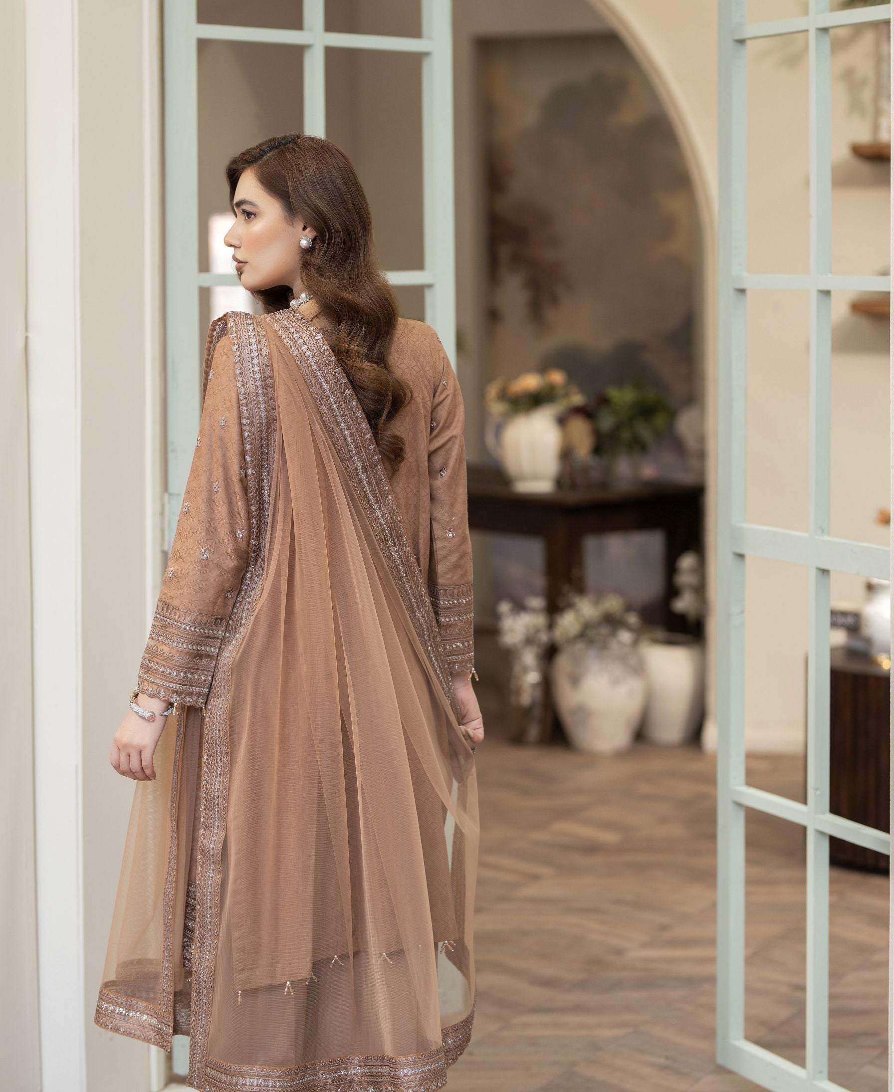 Embroidered Jacquard Cotton Suit with Net Dupatta and Plazzo Reet by Mona RBY1