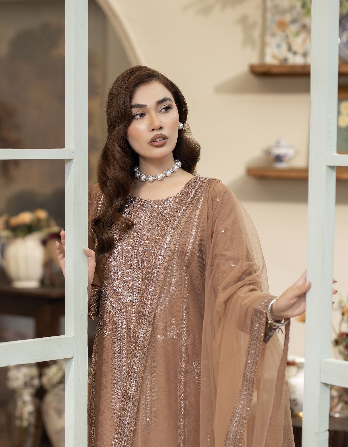 Embroidered Jacquard Cotton Suit with Net Dupatta and Plazzo Reet by Mona RBY1