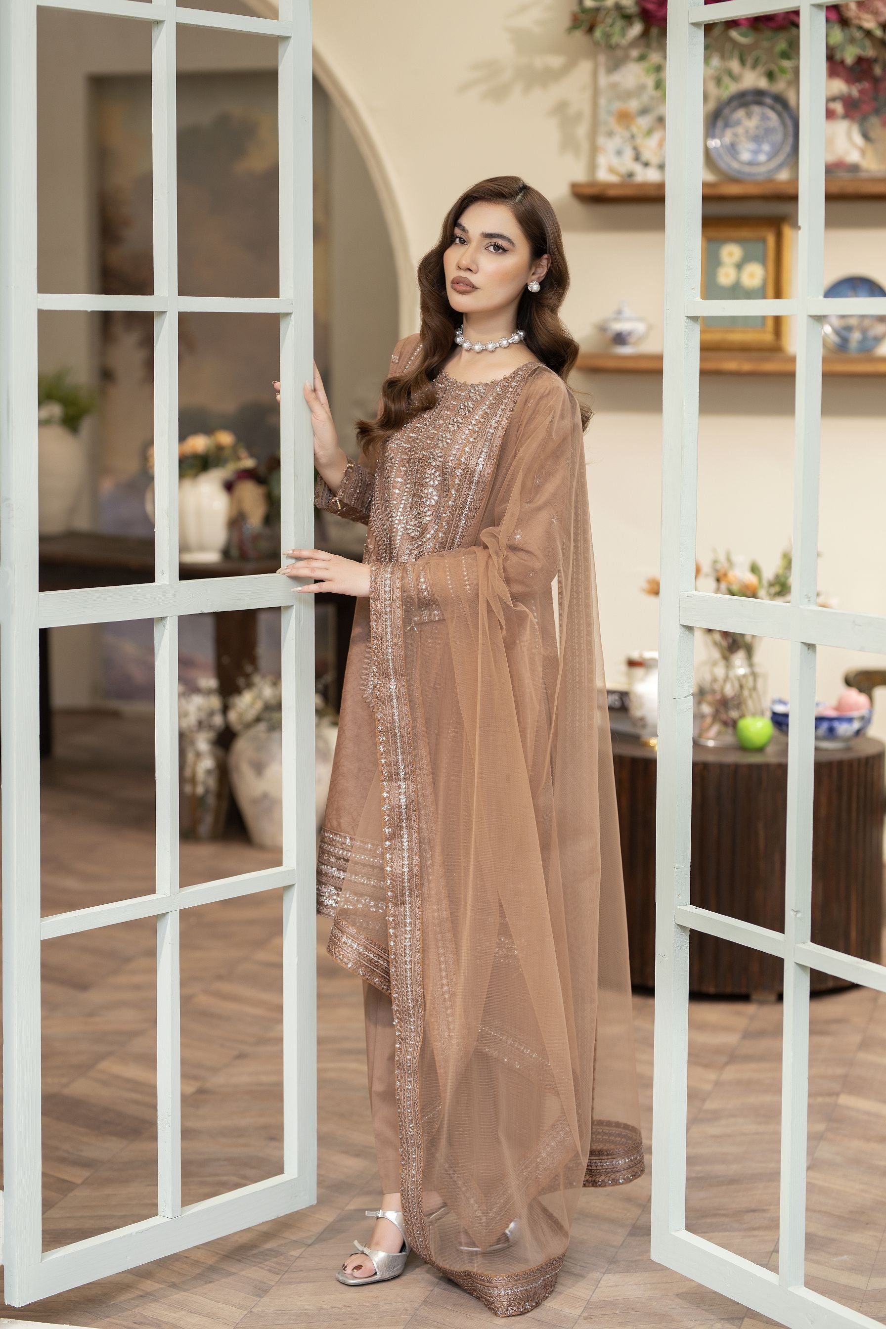 Embroidered Jacquard Cotton Suit with Net Dupatta and Plazzo Reet by Mona RBY1