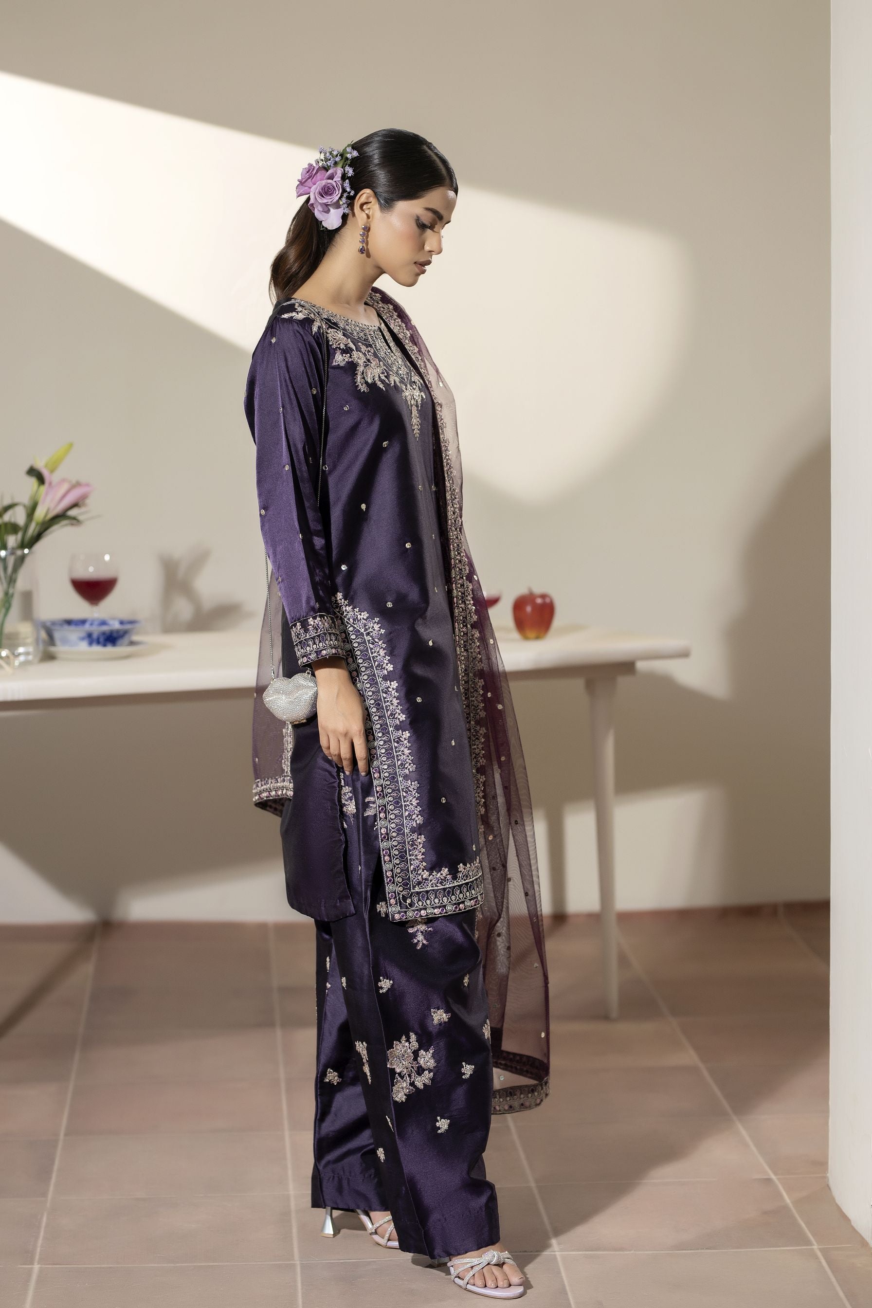 Aubergine Embroidered Silk Farshi Set with Sequin Detailing – Mehek by Mona MBM5
