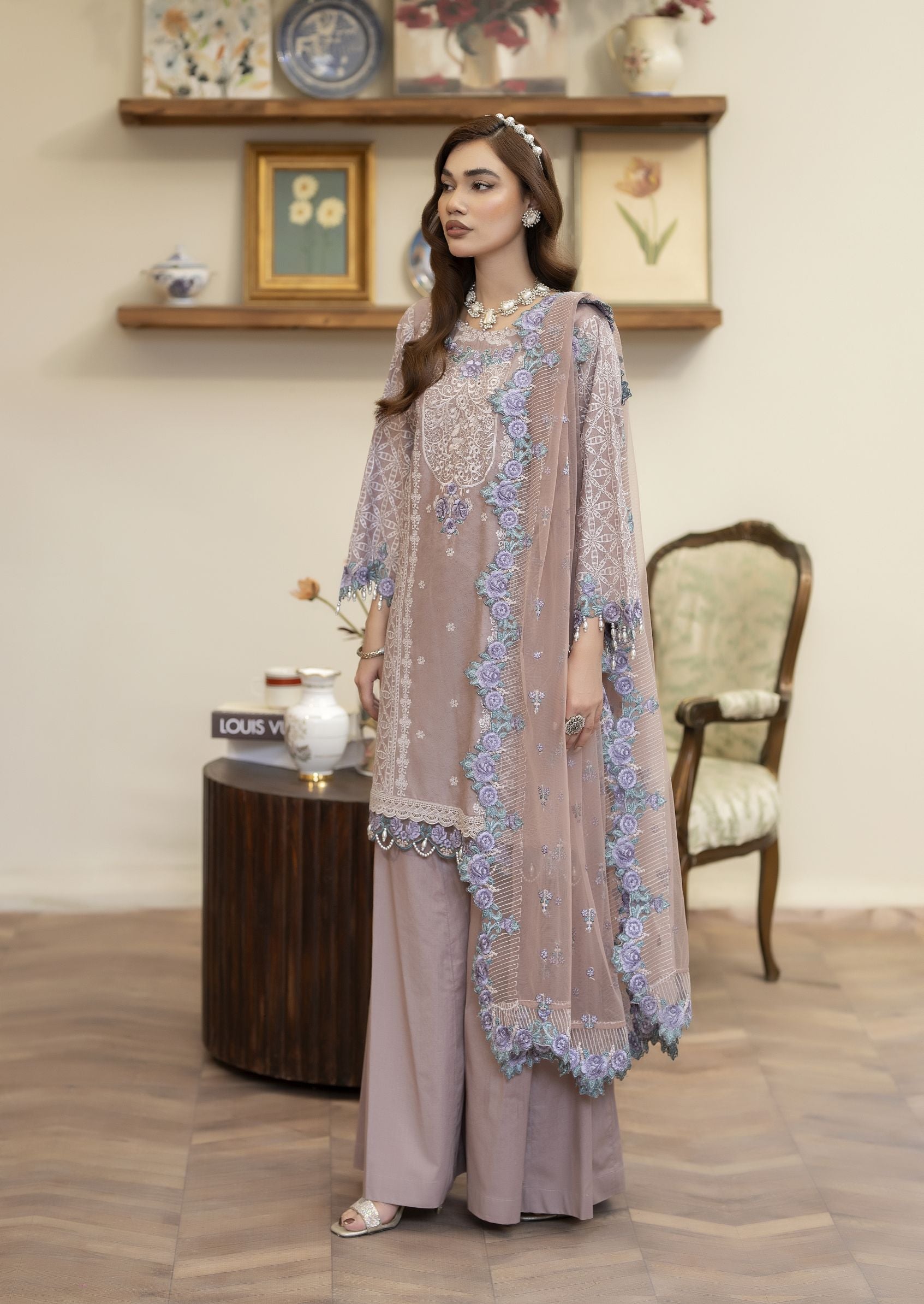 Embroidered Cotton Jacquard Suit with Panel Sharara Reet by Mona RBY4