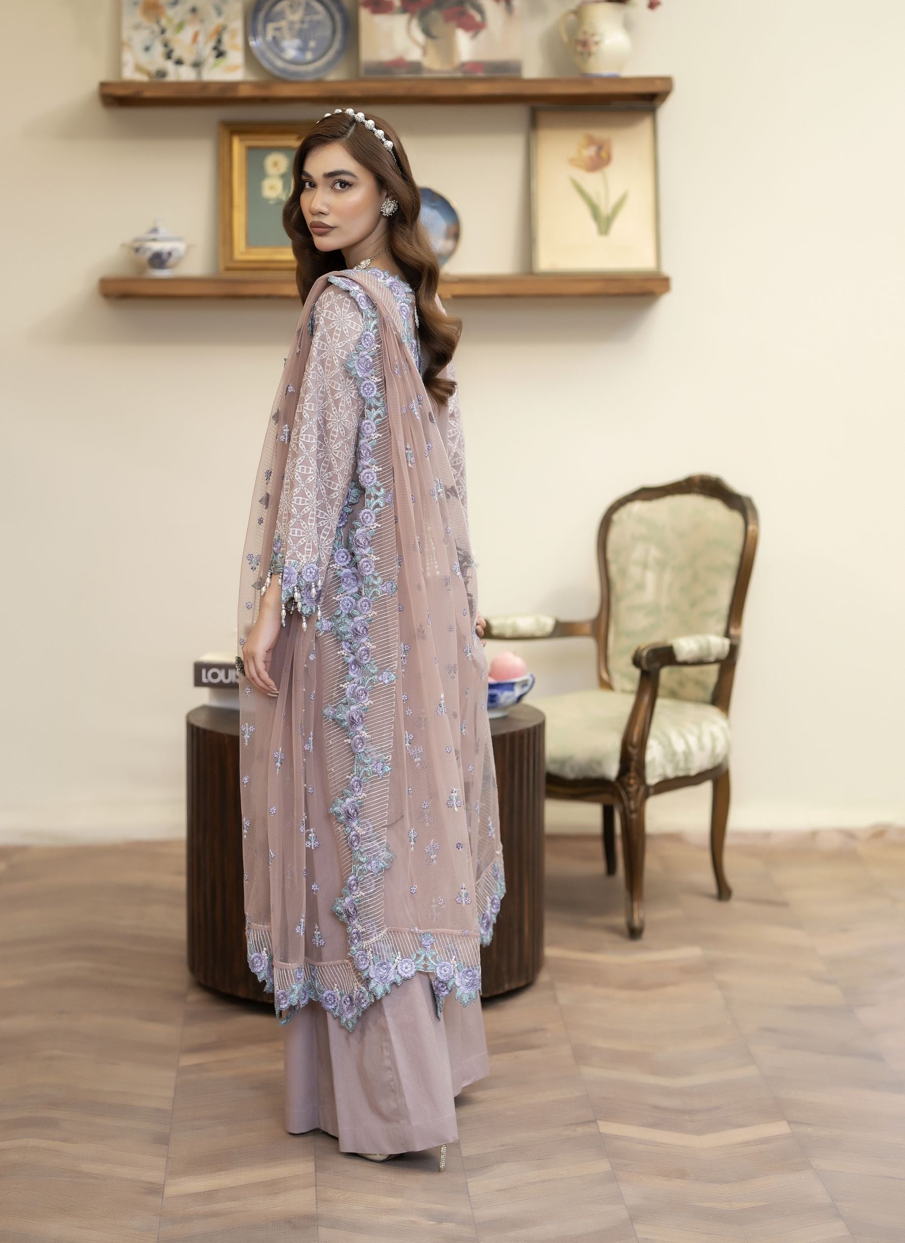Embroidered Cotton Jacquard Suit with Panel Sharara Reet by Mona RBY4