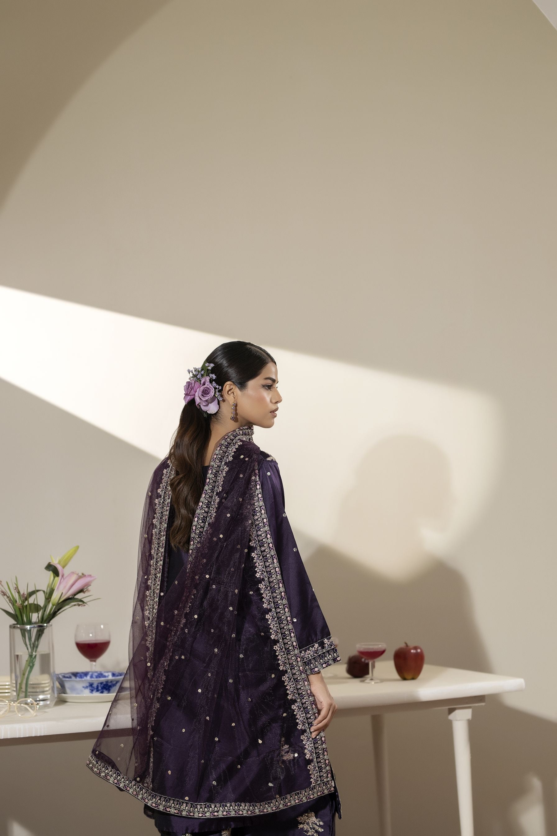 Aubergine Embroidered Silk Farshi Set with Sequin Detailing – Mehek by Mona MBM5