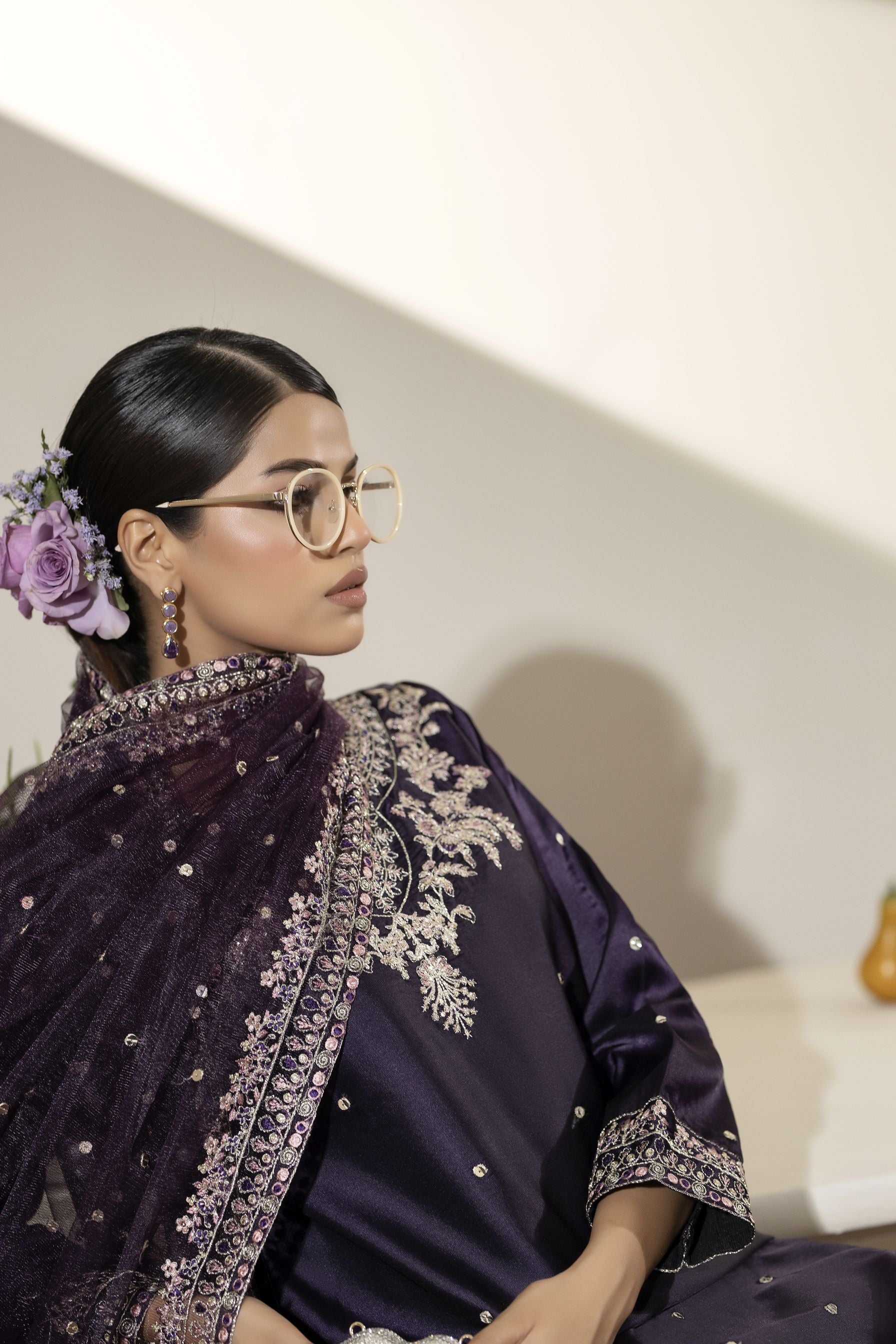 Aubergine Embroidered Silk Farshi Set with Sequin Detailing – Mehek by Mona MBM5