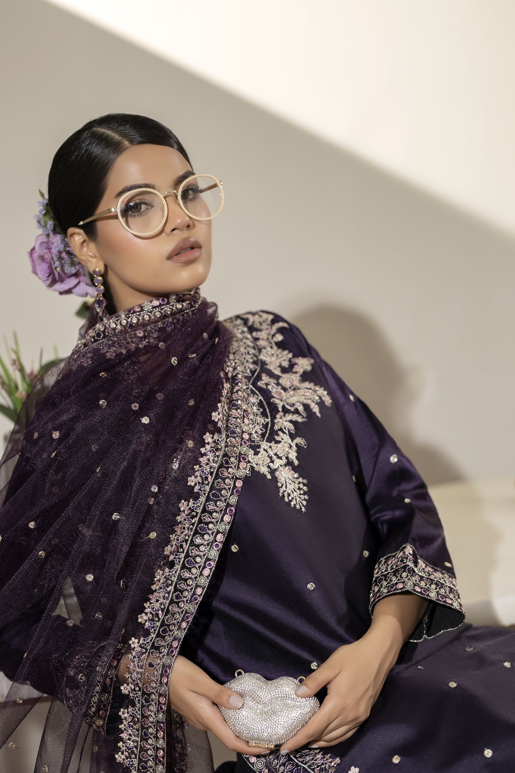 Aubergine Embroidered Silk Farshi Set with Sequin Detailing – Mehek by Mona MBM5