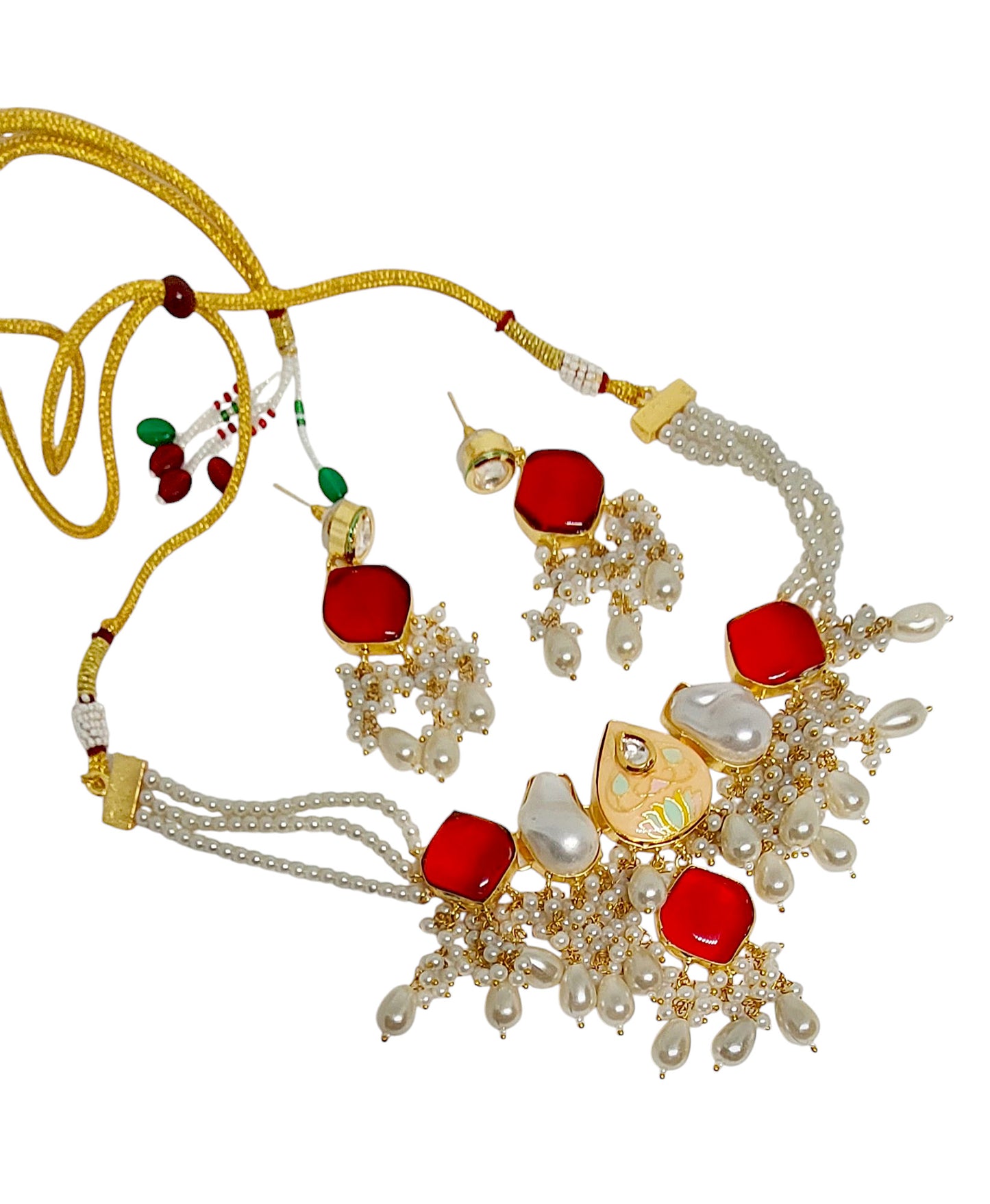 Gul Warun Premium Red Stone & Pearl Cluster Bridal Necklace Set GJ13