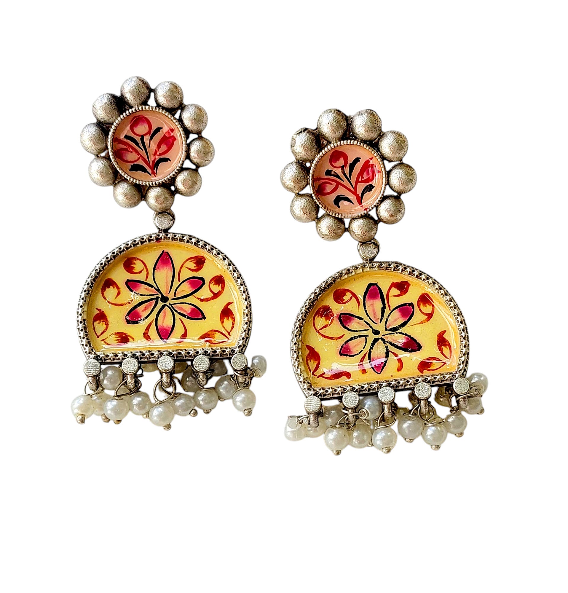 Gul Warun Hand-Painted Meenakari Blossom Earrings with Pearl Drops GJ14