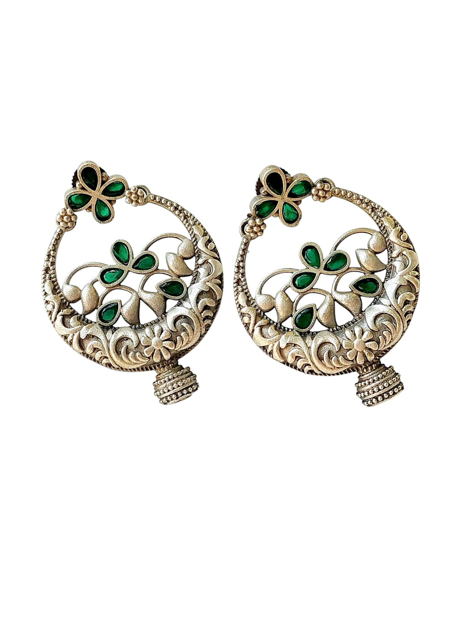 Gul Warun Antique Floral Crescent Earrings with Coloured Stones GJ16