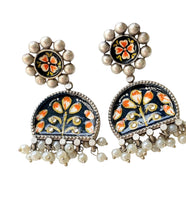 Gul Warun Midnight Meenakari Floral Earrings with Pearl Drops GJ15