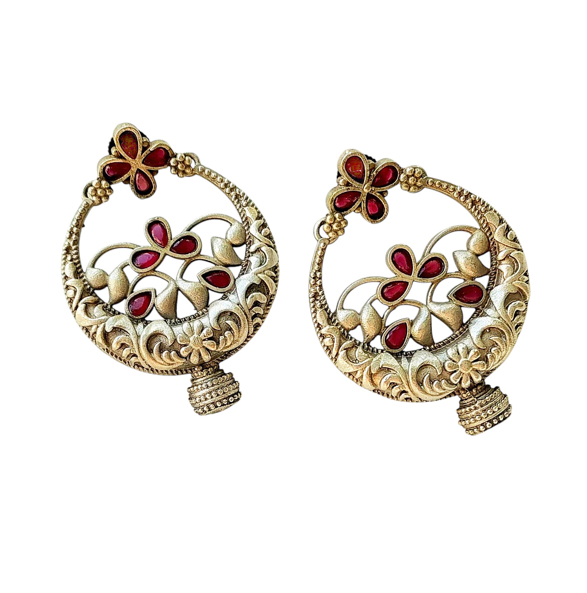 Gul Warun Antique Floral Crescent Earrings with Coloured Stones GJ16