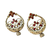 Gul Warun Antique Floral Crescent Earrings with Coloured Stones GJ16