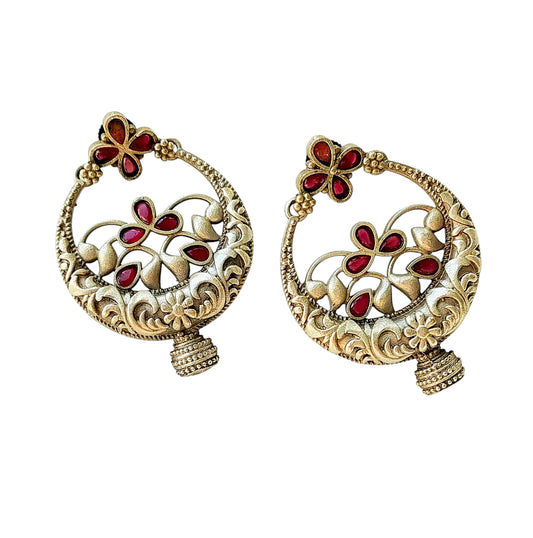 Gul Warun Antique Floral Crescent Earrings with Coloured Stones GJ16