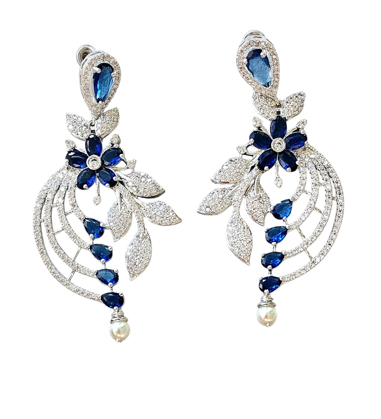Gul Warun Crystal Floral Cascade Earrings with Teardrop Pearl GJ18