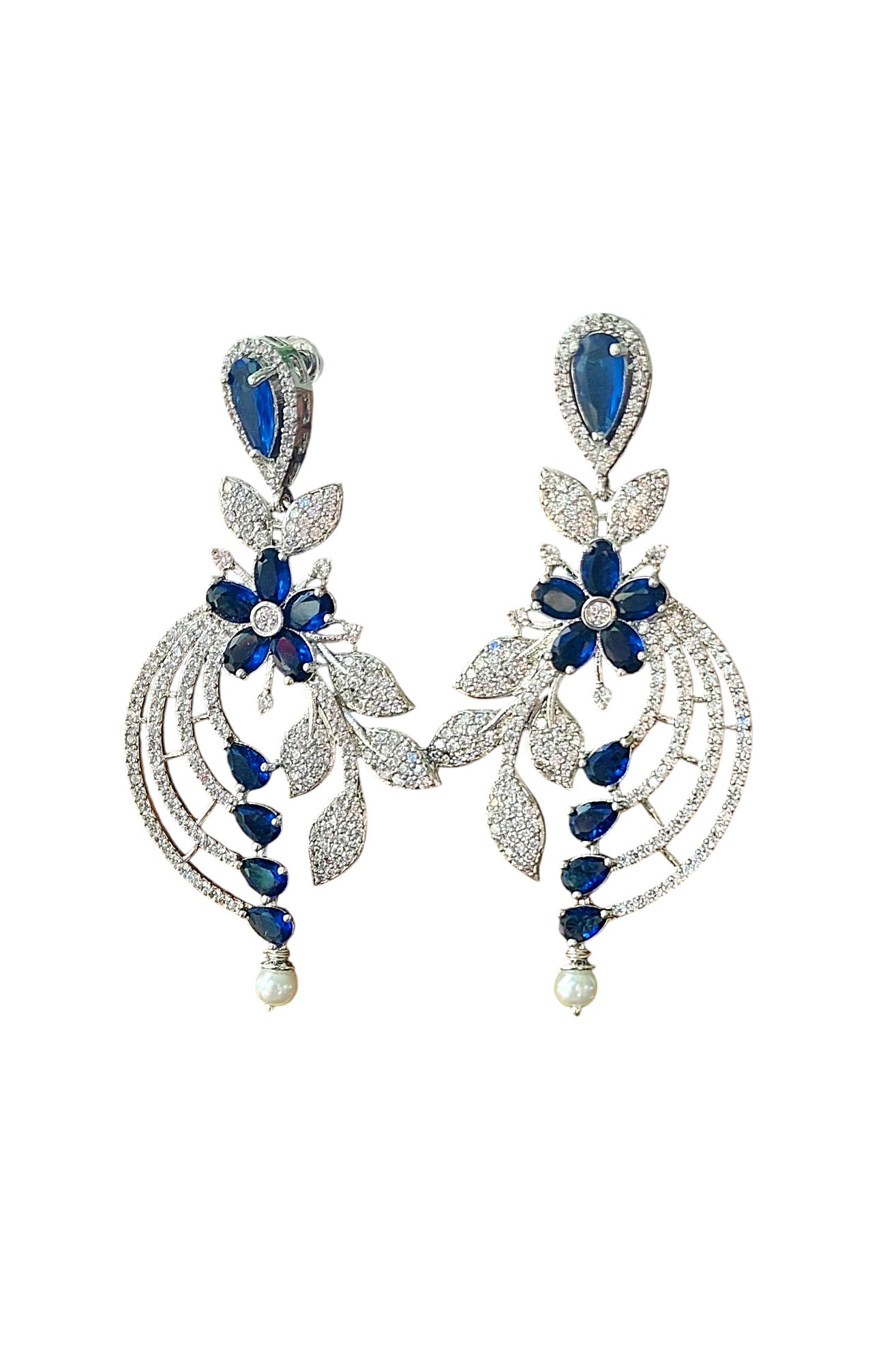 Gul Warun Crystal Floral Cascade Earrings with Teardrop Pearl GJ18