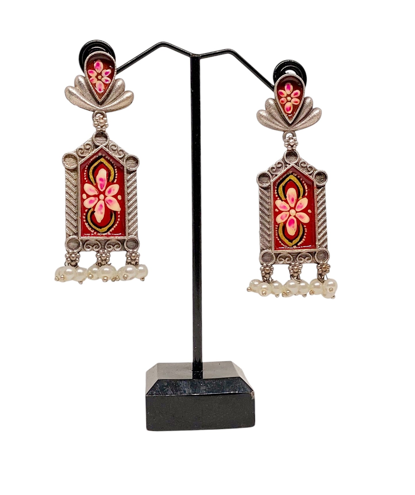 Gul Warun Hand-Enamelled Ruby Floral Art Earrings GJ6